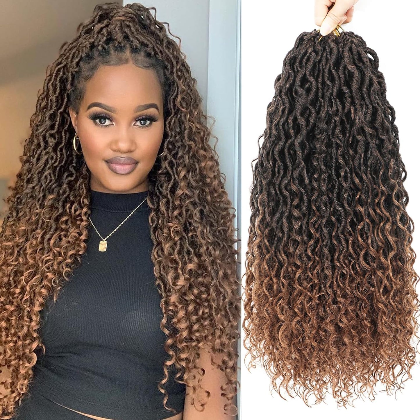 Goddess Locs Crochet Hair Brown 24 Inch 7 Packs Long Faux Locs Crochet Hair Soft Crochet Locs Boho Faux Locs Crochet Hair Synthetic Hippie Locs Pre Looped Crochet Braids Curly Ends (24 Inch, 1B/30)