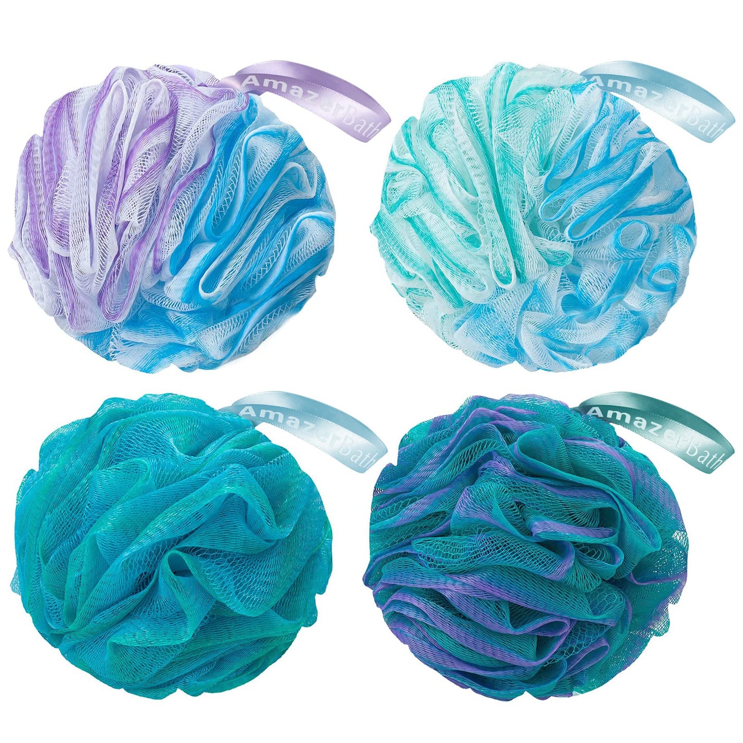 AmazerBath Loofah Sponge 60g/Piece, Exfoliating Bath Sponge Body Scrubber - Loofa Set of 4 Flower Color (Green-Purple)