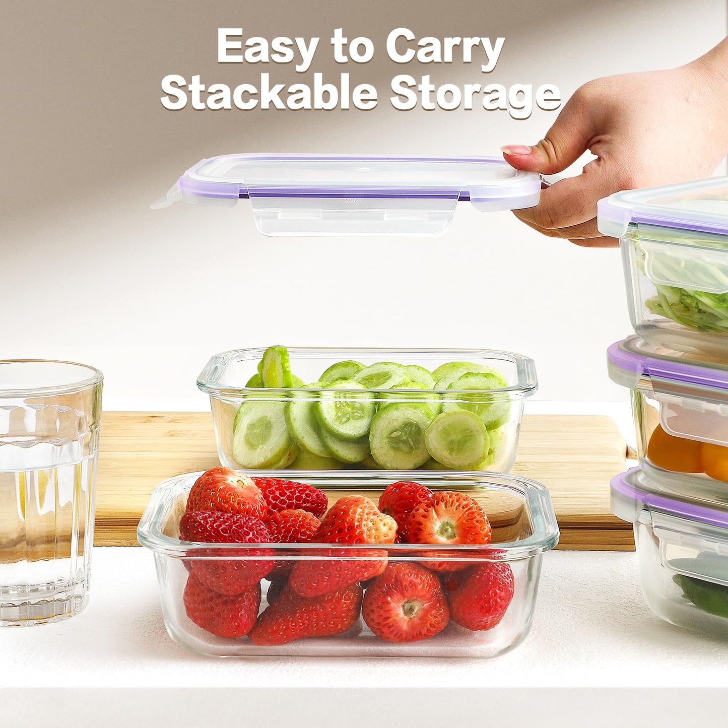 HOMBERKING 10 Pack Glass Meal Prep Containers, Glass Food Storage Containers with Lids, Airtight Glass Lunch Bento Boxes, BPA-Free & Leak Proof (10 lids & 10 Containers) - Purple