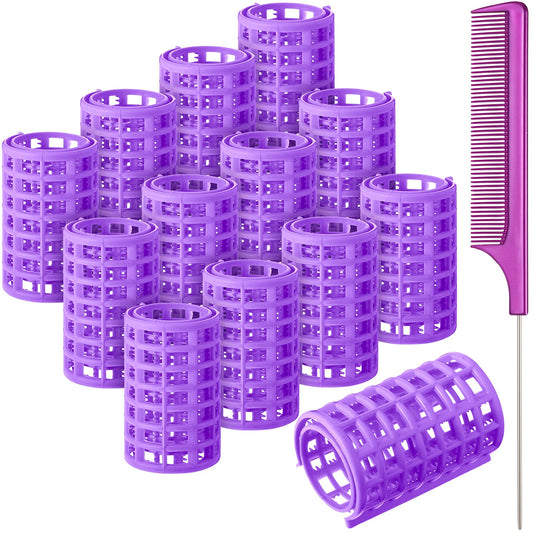 Syhood Hair Roller, 12 Pieces Large Size Purple Plastic Hair Rollers with Steel Pintail Comb for Short and Long Hair Hairdressing Styling Tools