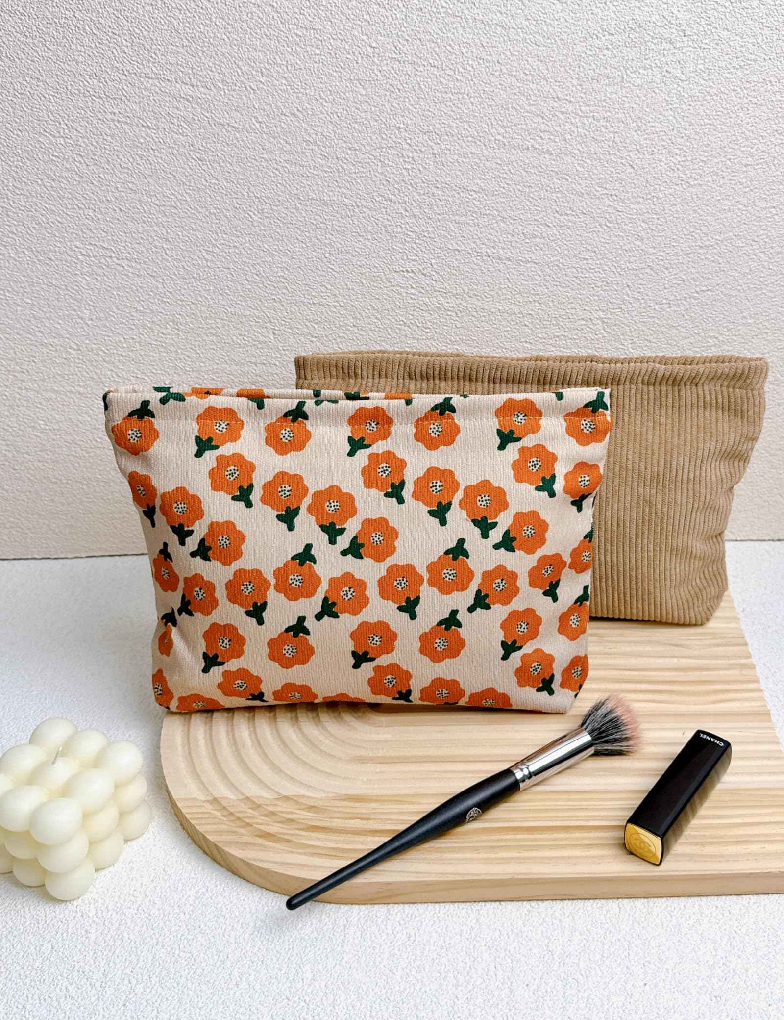RIKMOXR 2 large makeup bags Women's Corduroy Canvas Makeup Bag, Travel Makeup Bag, Wallet Organizer, Khaki and Orange Flower Pattern