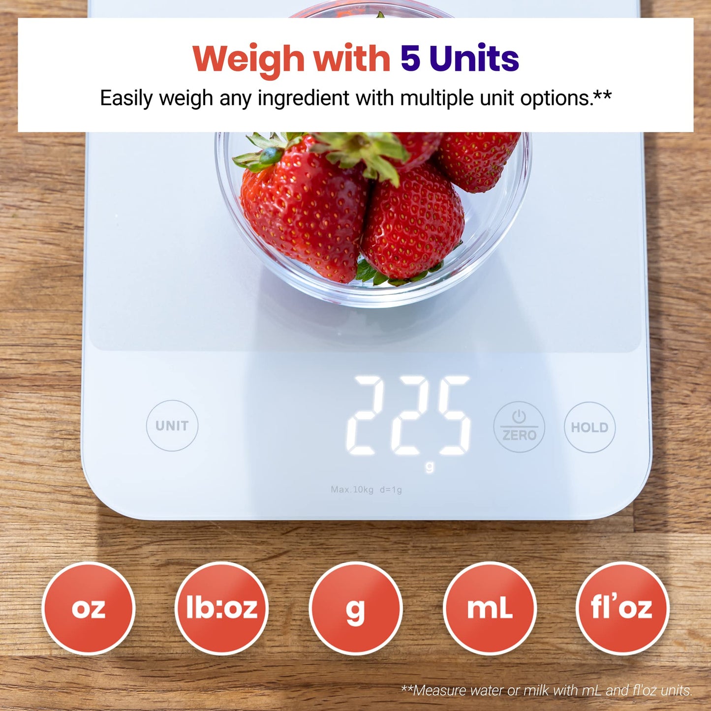 Etekcity Food Kitchen Scale, 22lb Digital Weight Scale Grams and Ounces Rechargeable Waterproof Tool for Weight Loss, Cooking, Baking, Meat, Bread, Large 0.05oz/1g Accuracy