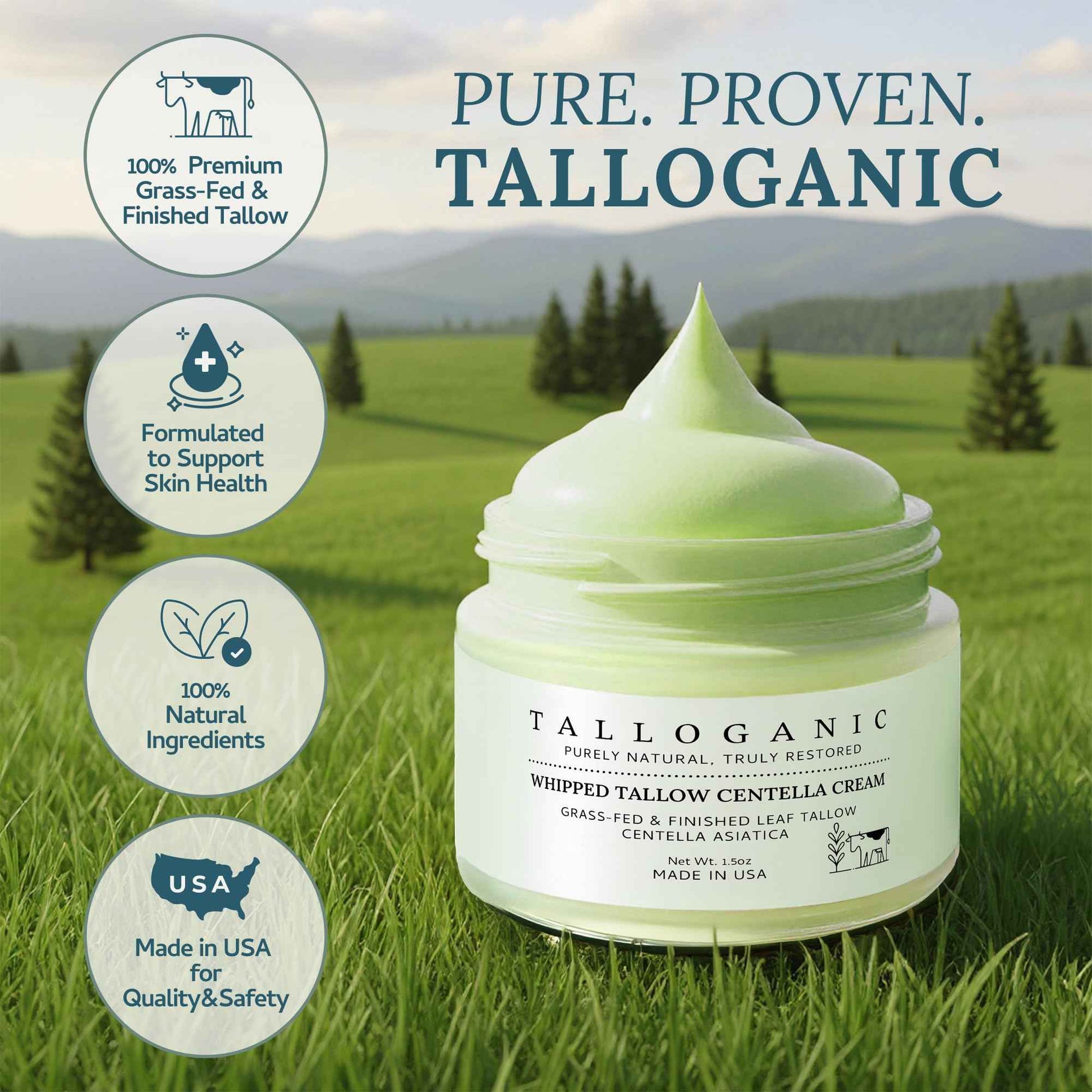 Beef Tallow for Skin Grass-Fed Whipped Tallow Centella Cream - 100% Natural Face & Body Moisturizer, to Support Hydration and Soothing, For Dry & Sensitive Skin, Made in USA