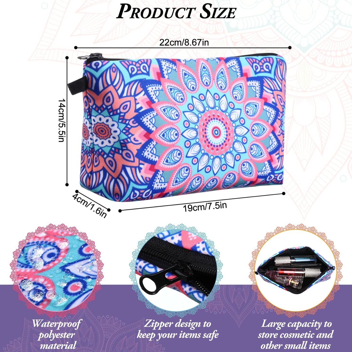 Dunzy 16 Pcs Makeup Bags Bulk Waterproof Cosmetic Bags Cna Week Graduation Gifts Roomy Zipper Pouch Travel Toiletry Portable Organizer Accessory Resistant Storage Purse for Women Men(Mandala Style)