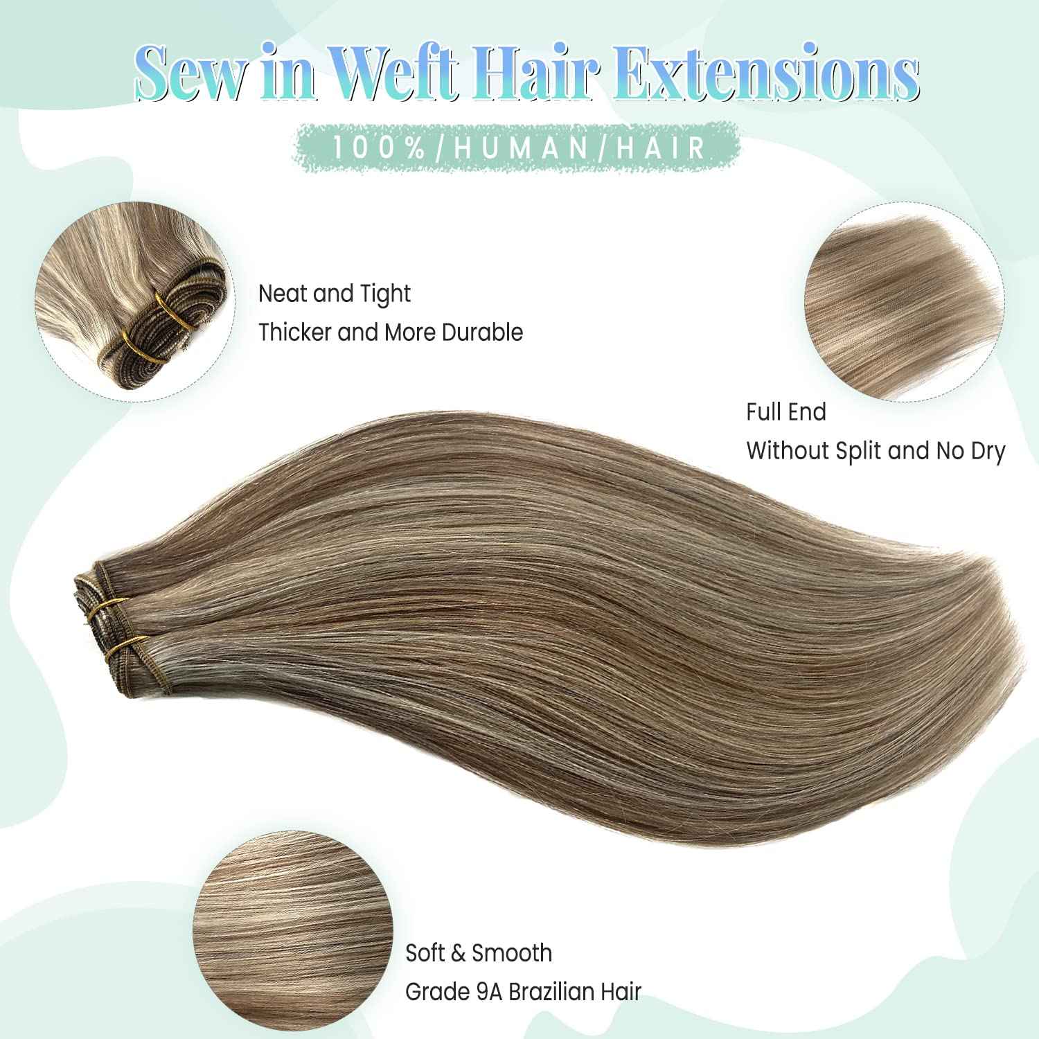 Sew in Hair Extensions Real Human Hair, Weft Hair Extensions Human Hair Bundles 14 Inch 80G Ash Brown and Blonde Balayage Ash Blonde Highlights Hand Tied Weft Hair Extensions Human Hair Weave Bundles