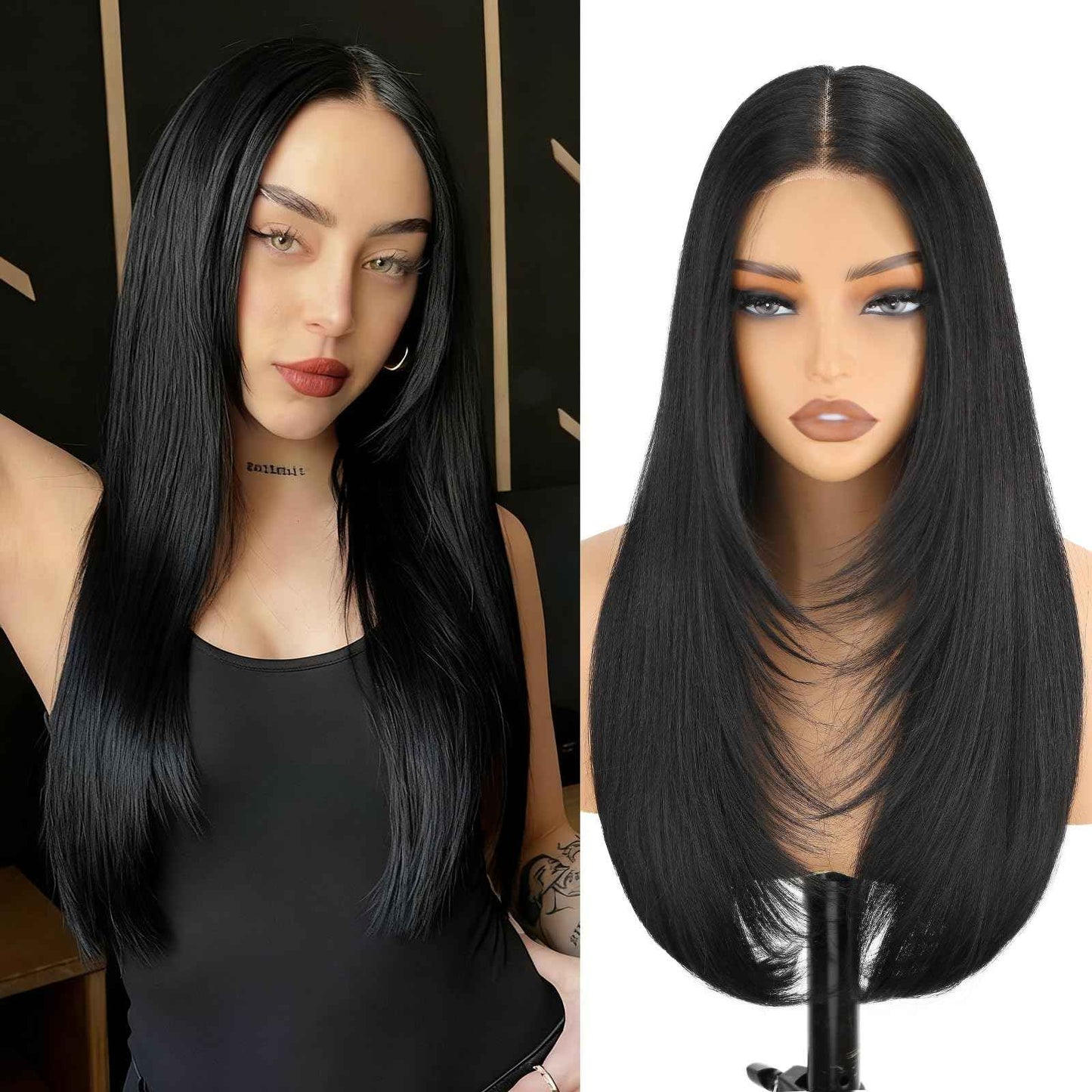 NOSTALGIA Black Wear and Go Glueless Wigs Straight Lace Front Wig Pre Cut Glueless Synthetic Layered Wig 24 Inch Middle Part Closure Wig For Women