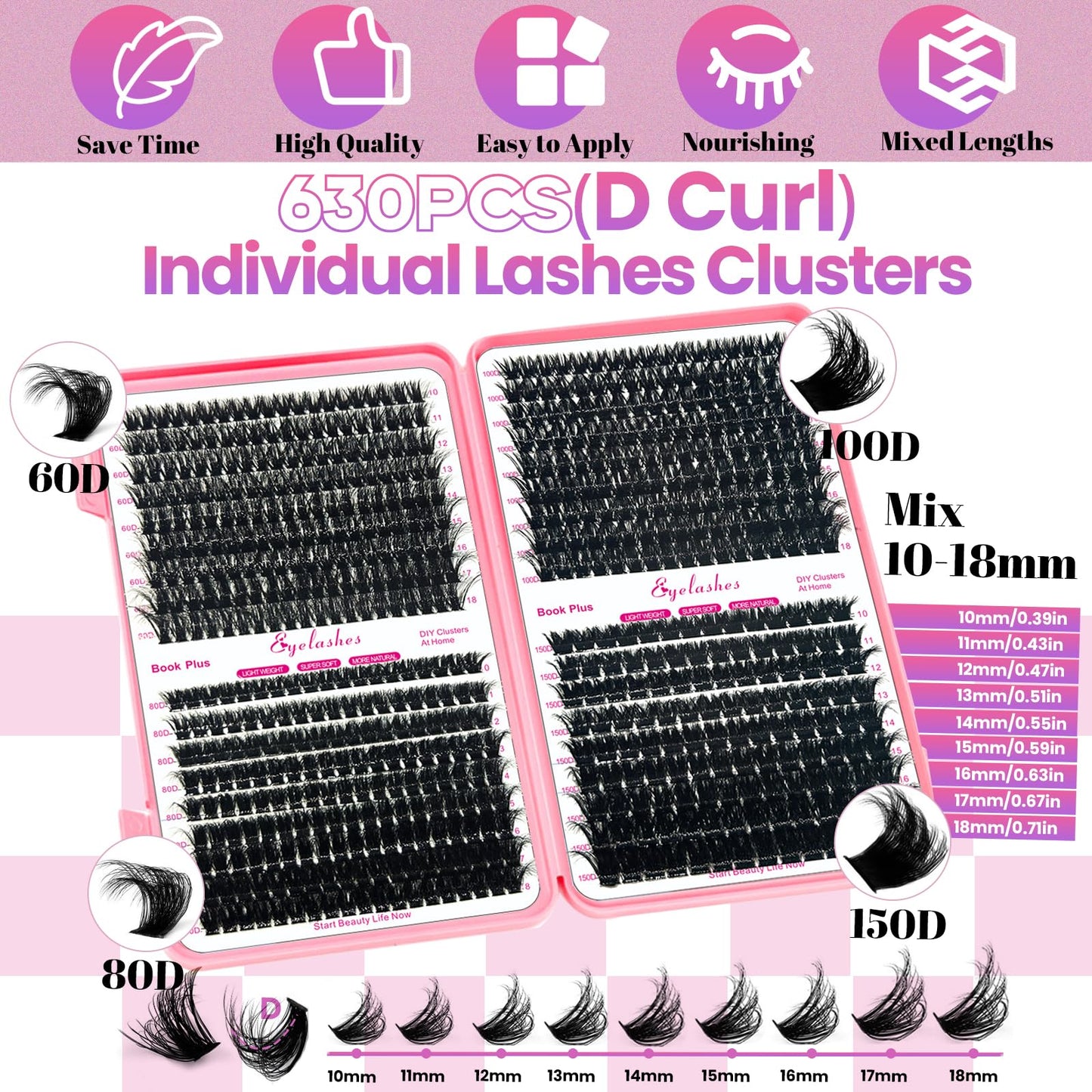 QiveaoryDIY Fluffy Lash Extension Kit 630pcs Lashes Clusters Thick D Curl Eyelash Extension Kit with Lash Bond and Seal,Eyelash Remover Tweezers Brush(10-18mm,60D+80D+100D+150D) DIY at Home