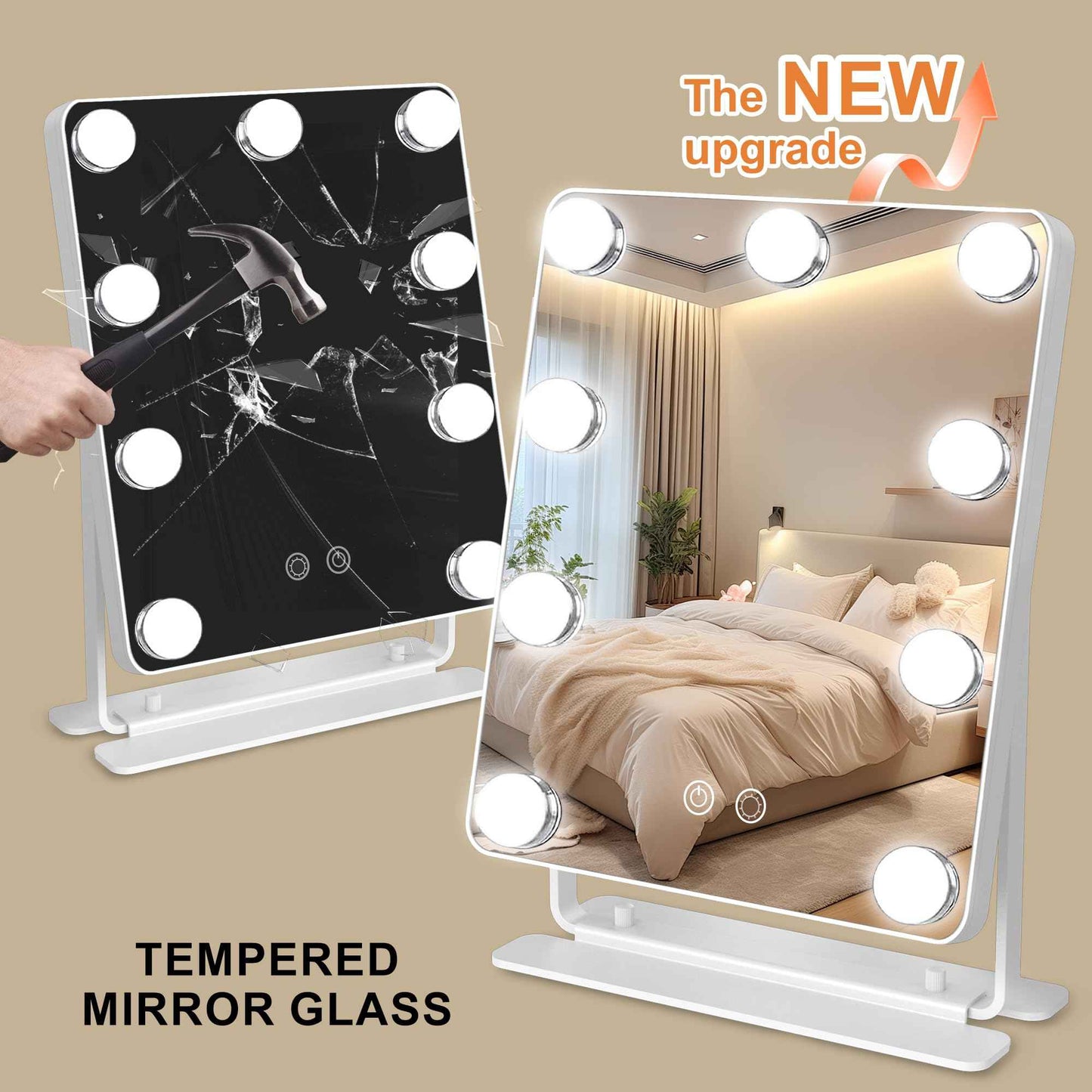 TUSHENGTU Hollywood Vanity Mirror with Lights 9" x 11", Lighted Makeup Mirror with 10X Magnification & 9 LED Bulbs Dimmable, 3 Colors Modes, Touch Control, Plug in Vanity Mirror with Lights, White