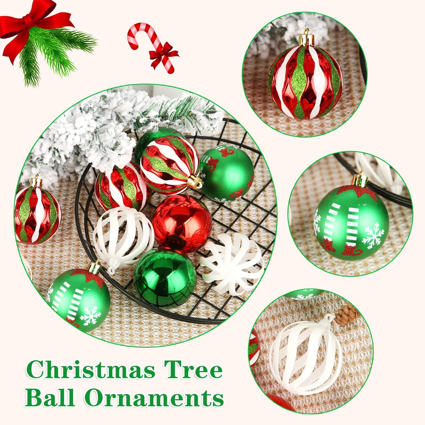 Christmas Tree Ornaments, 30ct Christmas Ball Decoration Set 2.36" Green Gold and White Christmas Ball Shatterproof Hanging Tree Ornament Set for Christmas Tree Holiday Halloween Xmas Party Decor