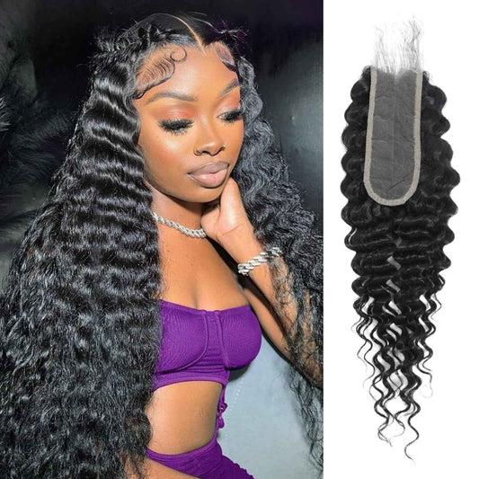 MOMOSHERO 2x6 HD Lace Closure Only Deep Wave Human Hair,HD Transparent Swiss Lace Kim K Closure Deep Middle Part Curly Hair Lace Closure Full 150% Density 100% Human Hair Natural Black Color 14 Inch