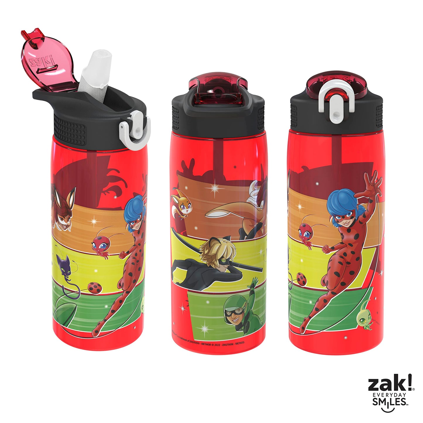 Zak Designs Miraculous Ladybug Water Bottle For School or Travel, 25 oz Durable Plastic Water Bottle With Straw, Handle, and Leak-Proof, Pop-Up Spout Cover