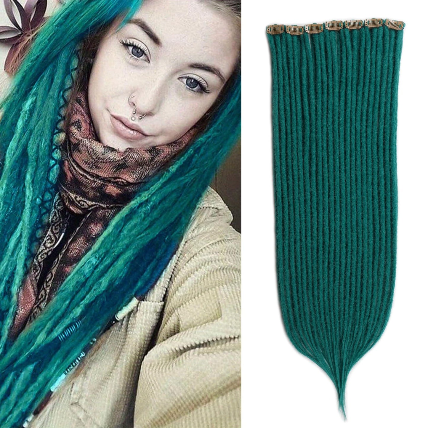 Kyriena Green Clip In Dreadlock Extensions, 4PCS Synthetic Clip in Dreadlocks Hair Extension, Thin 0.6cm Reggae Hippie Fake Dreads for Women