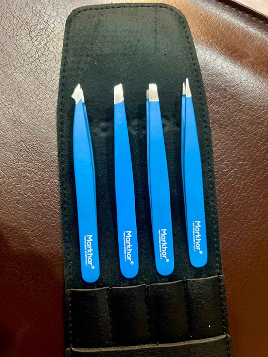 MARKHOR® Royal Blue - Professional Pointed and Slant Tweezers for Eyebrows, Tweezers for Women Facial Hair, Splinter and Ingrown Hair Removal Tweezers, Stainless Steel Precision Eyebrow Tweezers Set