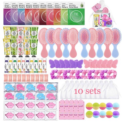 VESPRO 110PCS Spa Party Supplies for Girls Spa Party Favors Include Face Masks Skincare,Hand Cream,Lip Balm,Eye Patches,Lip Mask,mini Hair Brush, Stocking Stuffers for teen Girls，Sleepover Party gifts