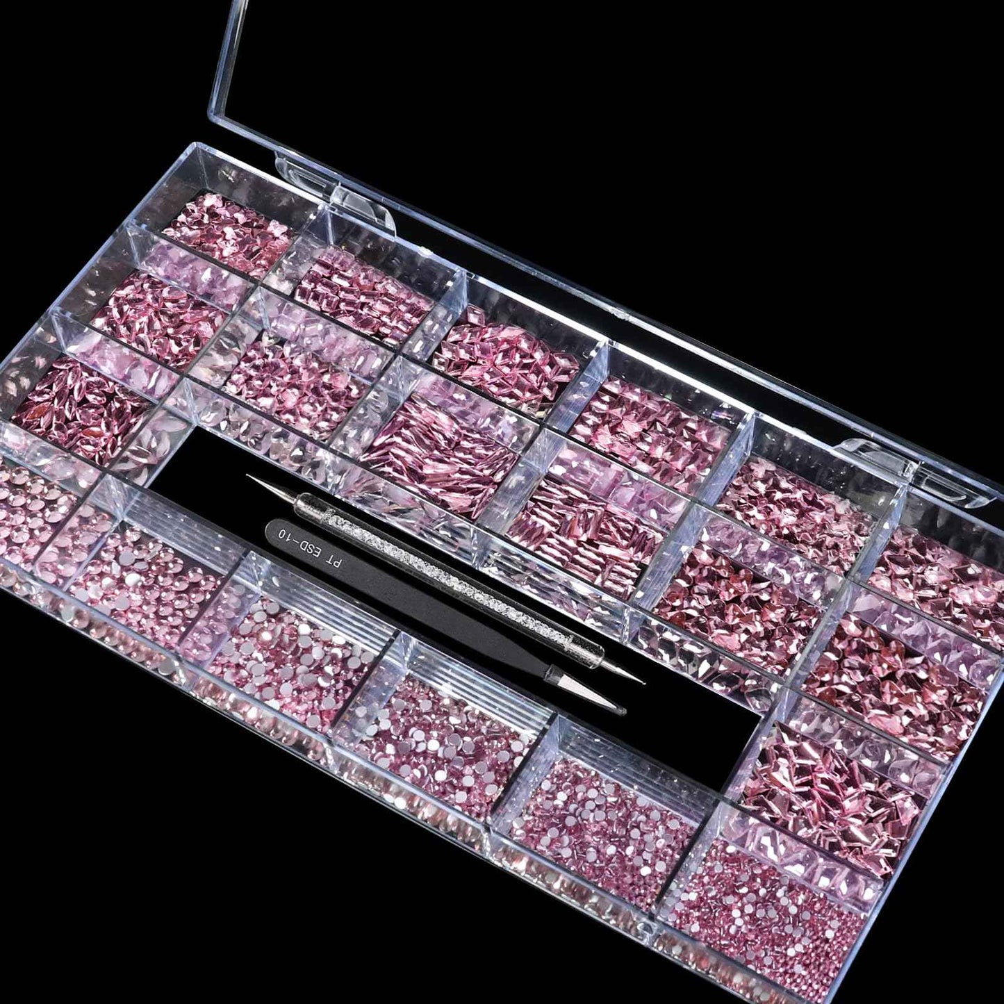 Yzzseven 14 Types of 700 Pink Diamonds + 1500 Flat Rhinestones Mix 20 Styles Flatback DIY Crafts Rhinestone Crystals 3D Ornament‌s Flat Back Stones Set + Tweezers + Drill Pen