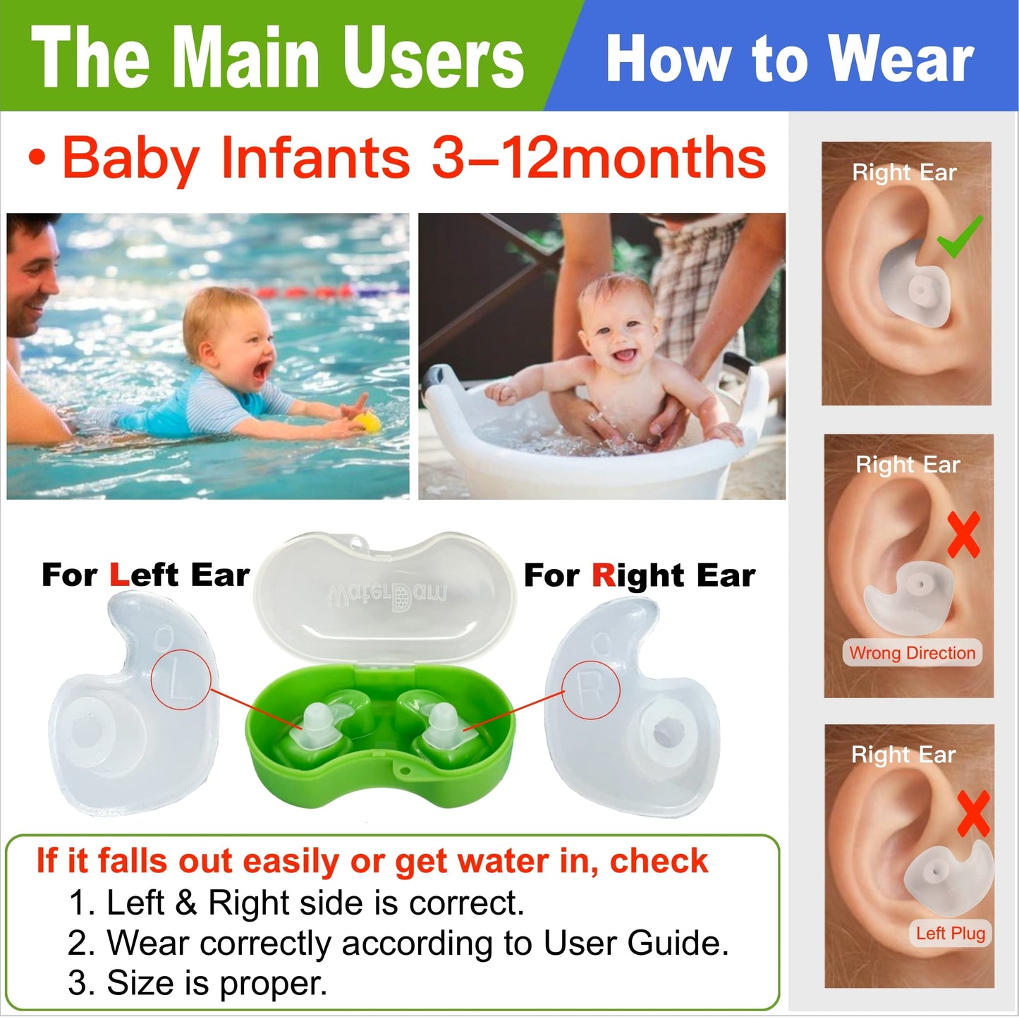 WaterDam Swimming Ear Plugs Great Waterproof Ultra Comfy Earplugs Prevent Swimmer's Ear (Size 0: Baby 0-1 Year (Orange))