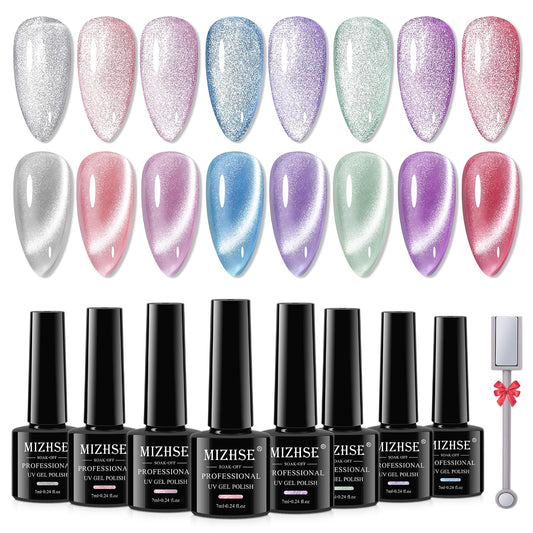 MIZHSE Cat Eye Gel Nail Polish, 8 Colors Smoothie Magnetic Gel Polish Kit with Magnet Stick, Holographic Glitter Galaxy Winter Colors Silver Purple Pink Soak Off Nail Art Salon Home Manicure Gift