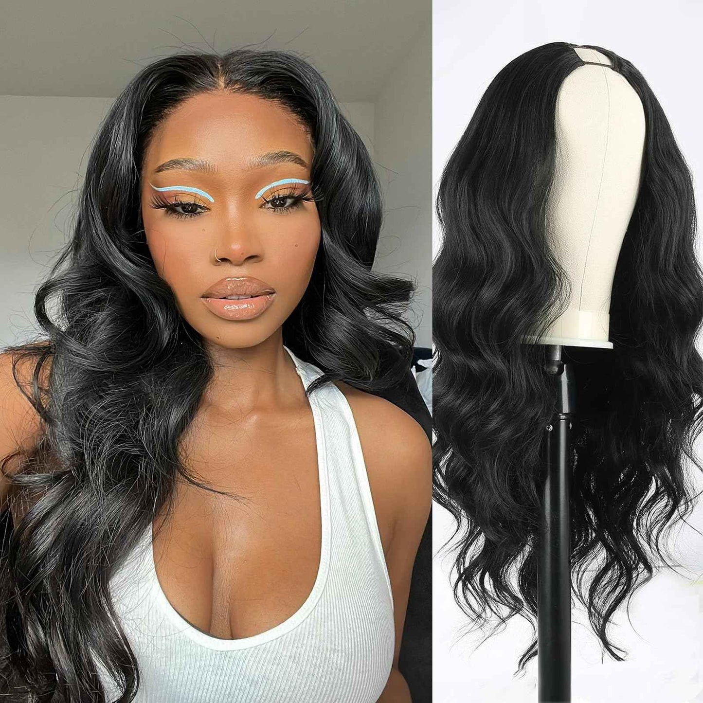 KRSI Black V Part Wig 24" Long Body Wave Synthetic U V Part Half Wigs Glueless Upgrade U Part Wig Glueless Full Head Clip in Hair Extensions for Black Women