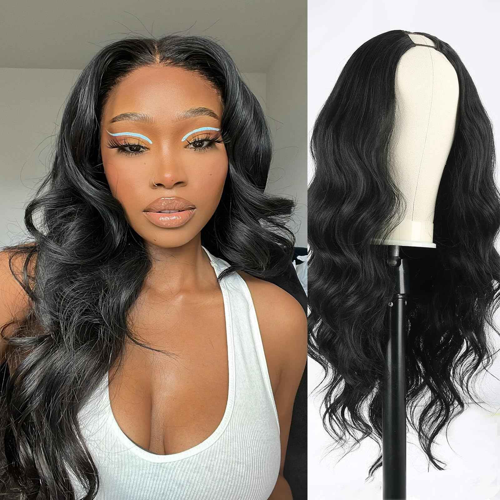 KRSI Black V Part Wig 24" Long Body Wave Synthetic U V Part Half Wigs Glueless Upgrade U Part Wig Glueless Full Head Clip in Hair Extensions for Black Women