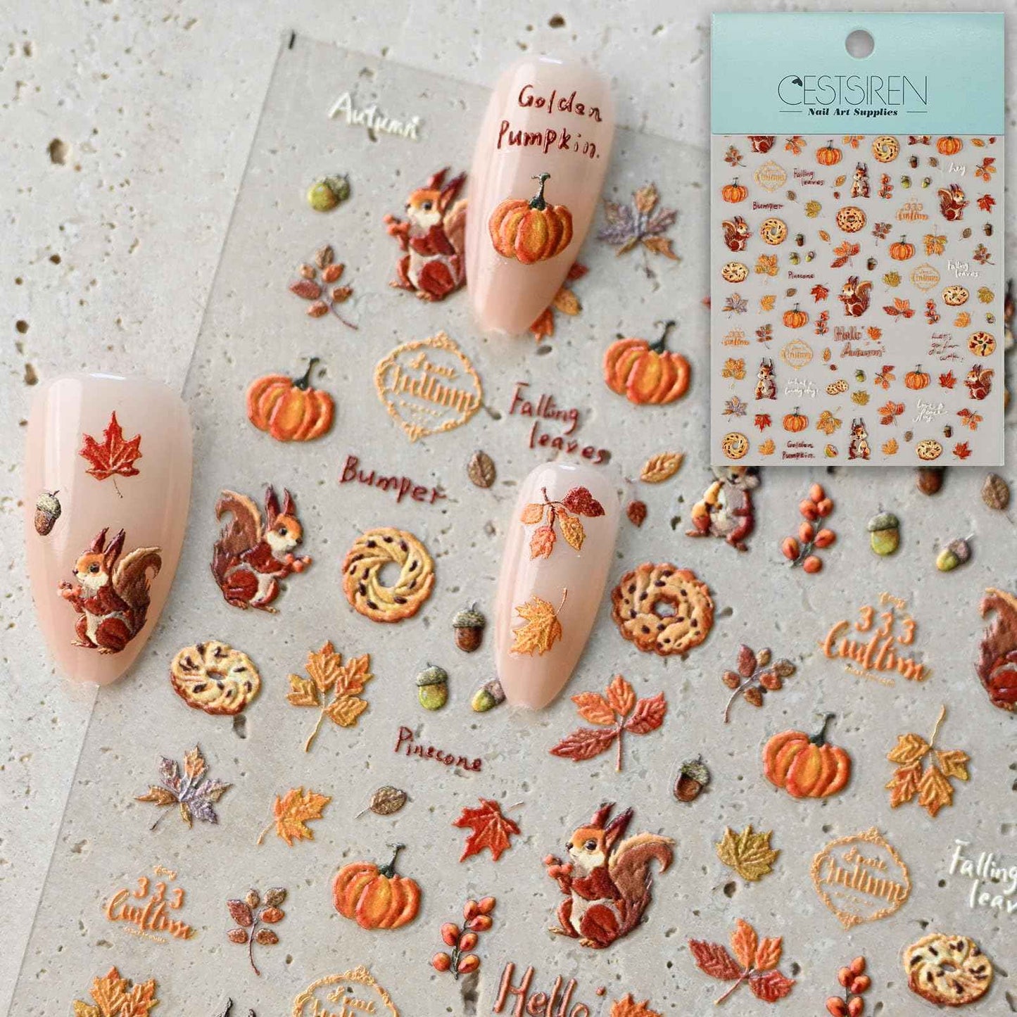 CESTSIREN Fall Squirrel Nail Art Stickers, Maple Leaves Nail Decals, Self-Adhesive,Autumn Nail Accessories & Supplies, Durable & Long-Lasting