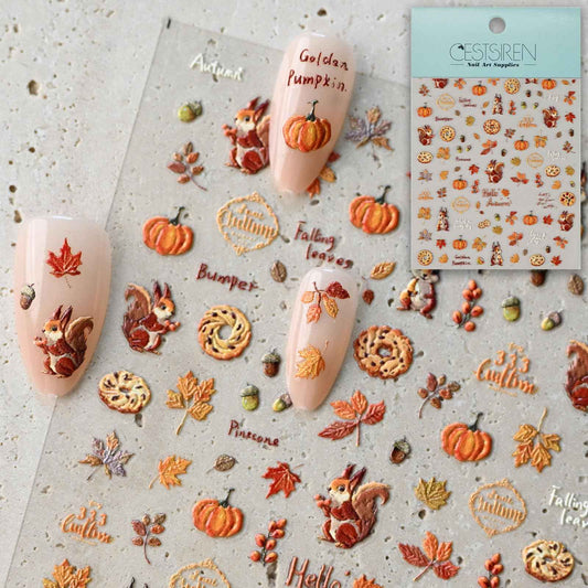 CESTSIREN Fall Squirrel Nail Art Stickers, Maple Leaves Nail Decals, Self-Adhesive,Autumn Nail Accessories & Supplies, Durable & Long-Lasting