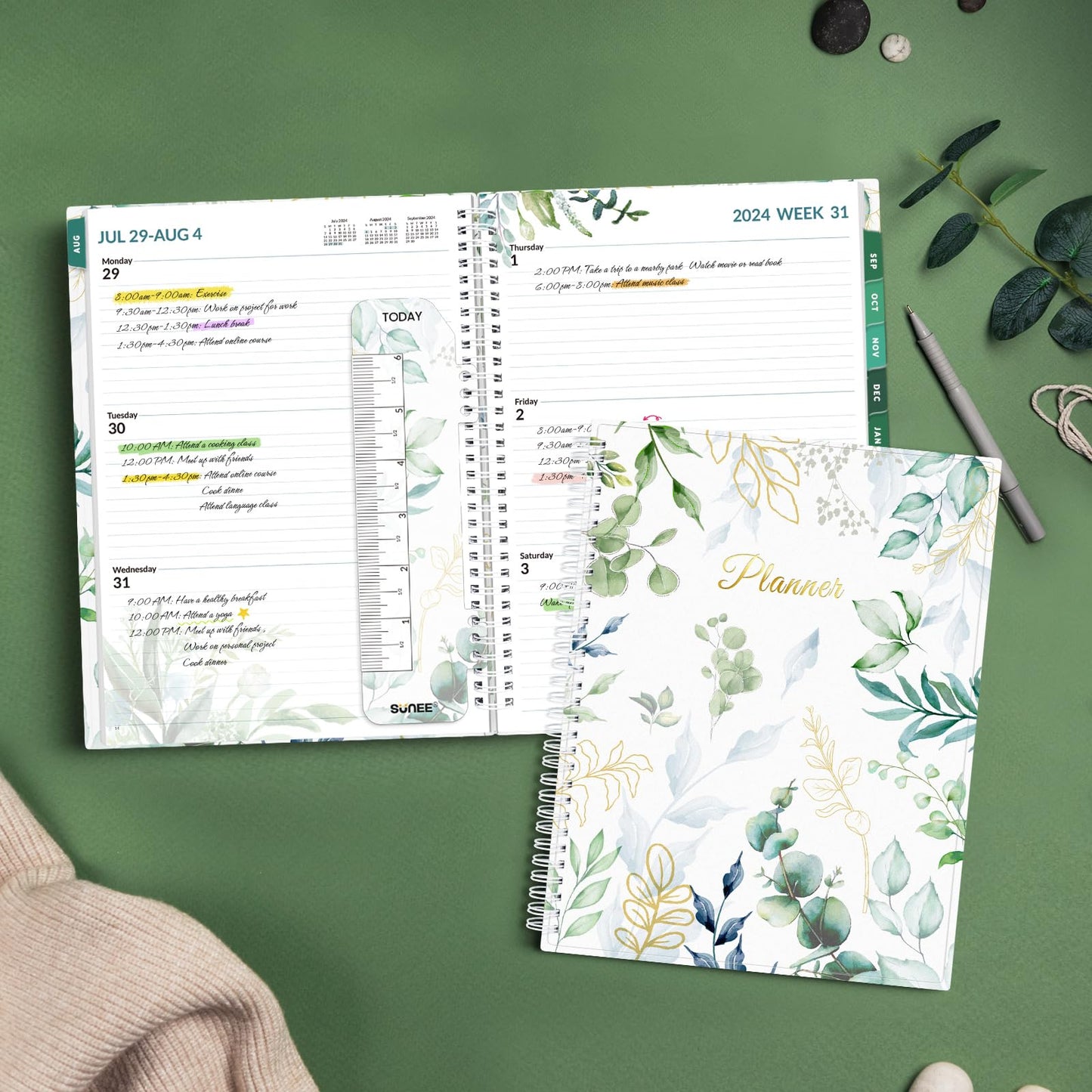 SUNEE Academic Planner 2024-2025 Weekly and Monthly - from August 2024 - December 2025, 8.5"x11" School Year Daily Calendar with Monthly Tab, Flexible Cover, Note Page, Pocket, Bookmark, Greenery