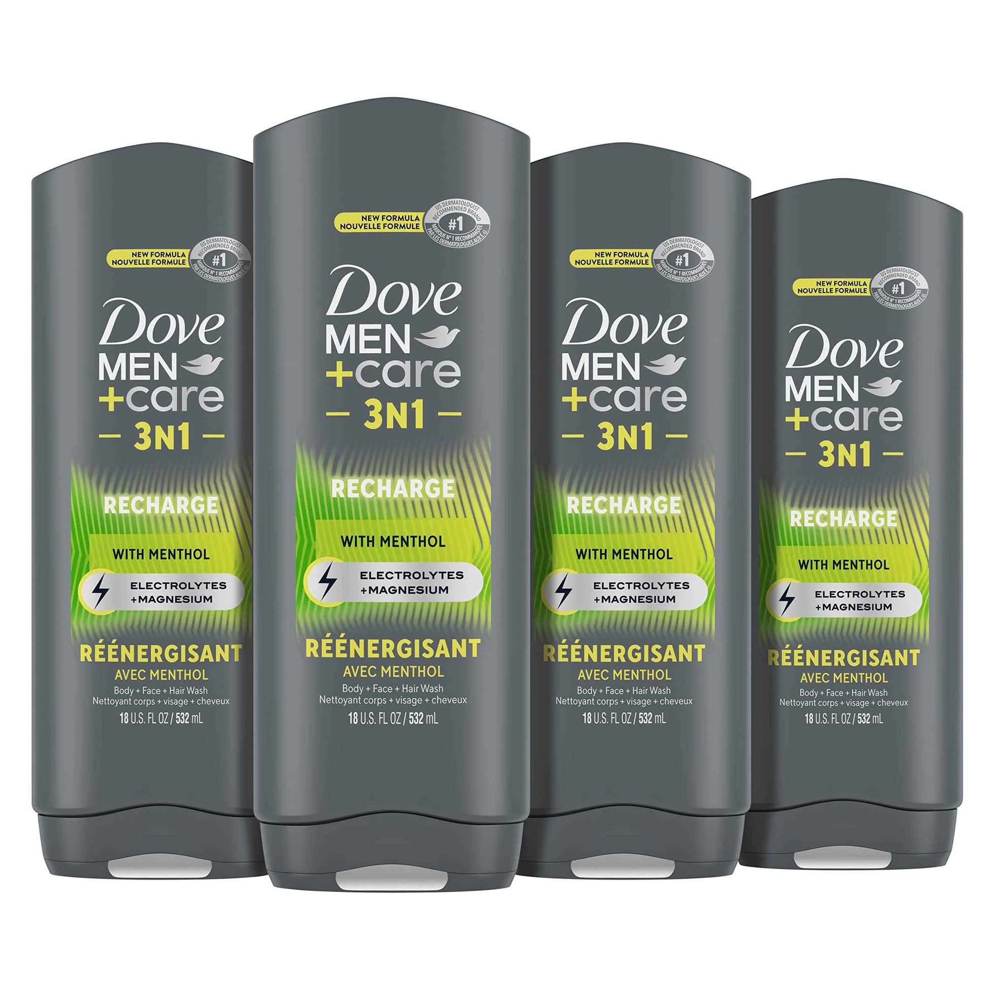 DOVE MEN + CARE Post-Workout Body Wash 3N1 Recharge 4 Count For Men With Menthol, 18 oz