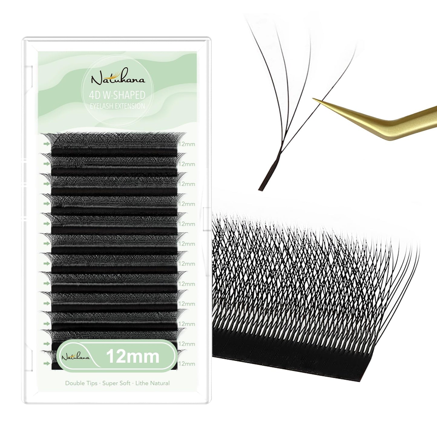 NATUHANA W Shaped Clover Eyelashes Extension 4D Premade Fans 0.07mm D Curl 12mm Single Size Tray Volume Lash Cluster W Lashes Supplies Automatic Blooming Flower Lash Extensions (12mm, 4D black;0.07 D)