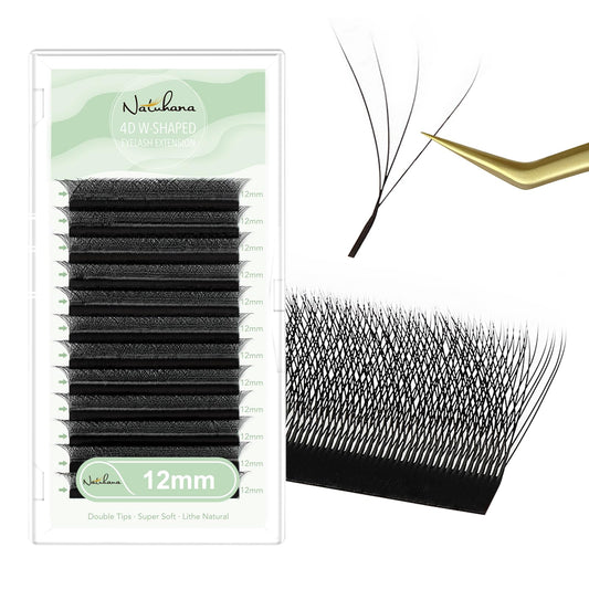 NATUHANA W Shaped Clover Eyelashes Extension 4D Premade Fans 0.07mm D Curl 12mm Single Size Tray Volume Lash Cluster W Lashes Supplies Automatic Blooming Flower Lash Extensions (12mm, 4D black;0.07 D)