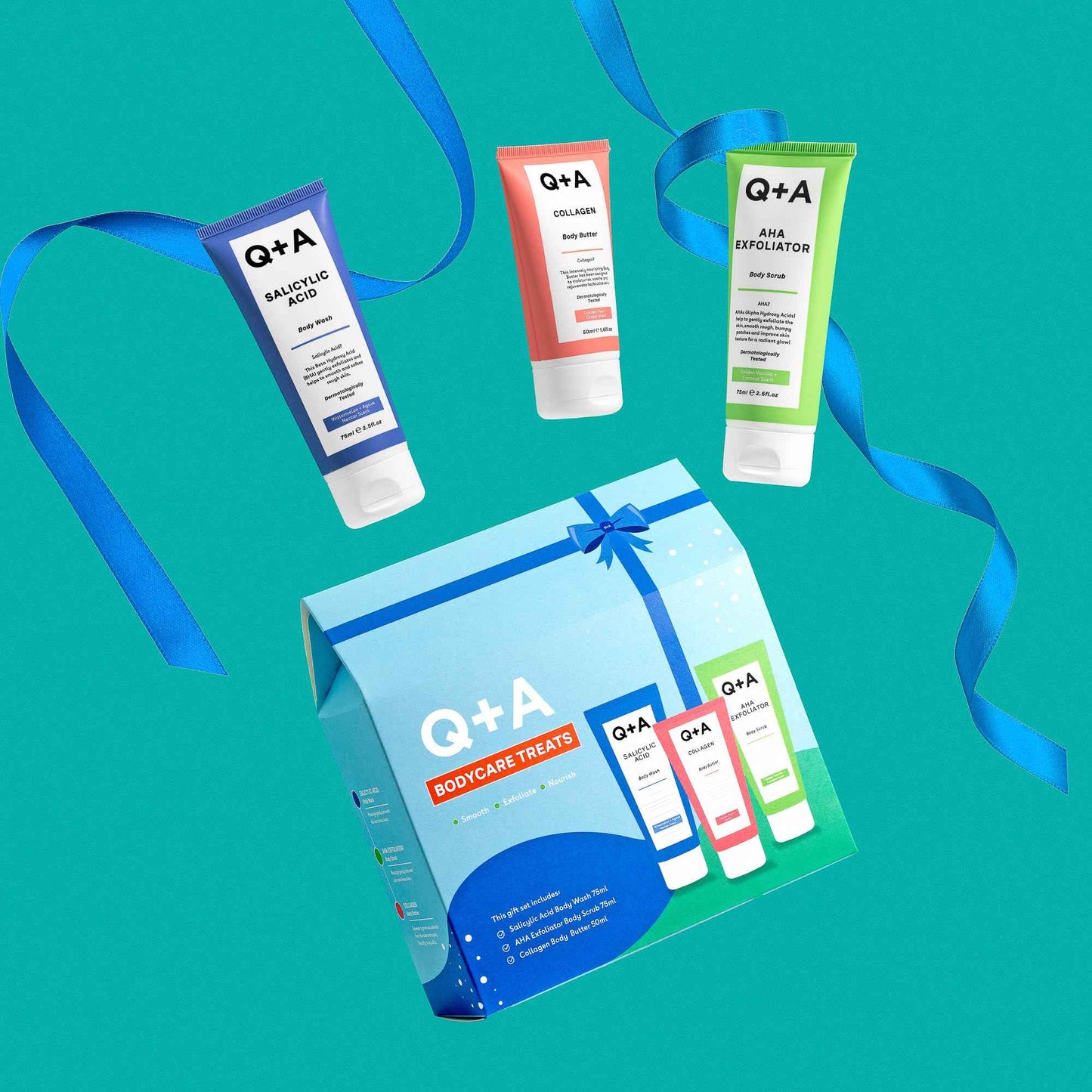 Q+A Bodycare Treats Gift Set, 3-Step Routine for Smooth, Soft Skin, Salicylic Acid Body Wash (75ml), AHA Body Scrub (75ml) & Collagen Body Butter (50ml), Stocking Stuffers and Travel Size Toiletries