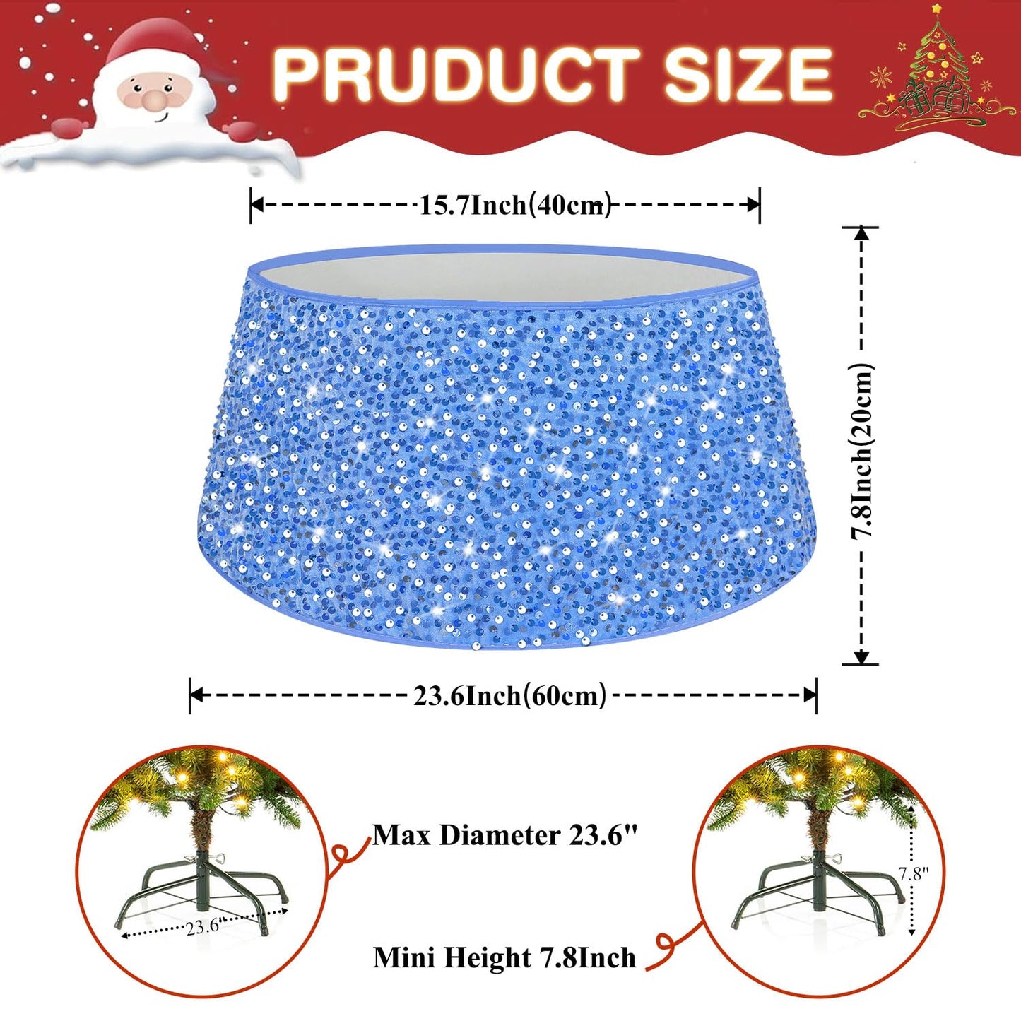 PATYDEST Blue Christmas Tree Collar Sequin Christmas Tree Skirt Velvet 23.6 Inches Baby Blue Tree Skirt Box Personalized Glitter Tree Skirts Christmas Tree Ring Family Tree Stand Cover for Xmas Decor