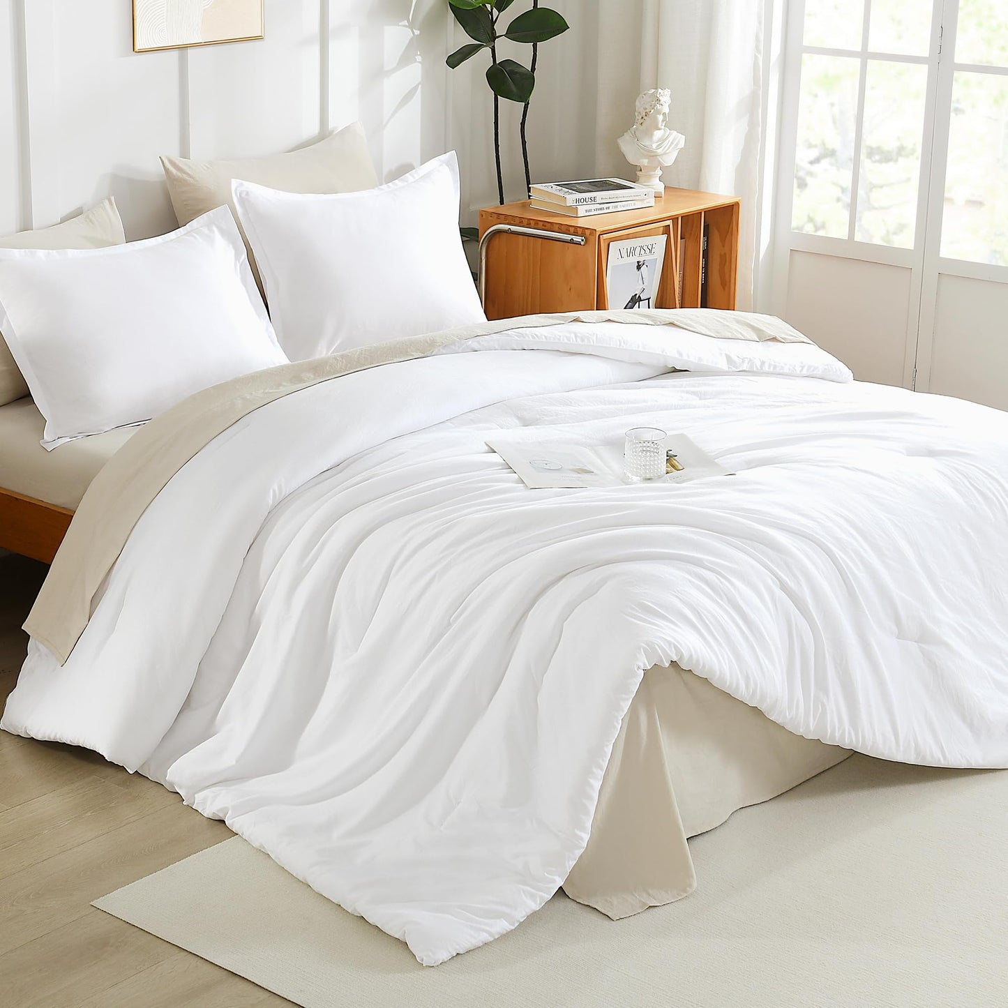 Litanika White Twin/Twin XL Comforter Set, 2 Pieces Lightweight Solid Bedding Set, All Season Fluffy Bed Set (66x90In Comforter & 1 Pillowcase)