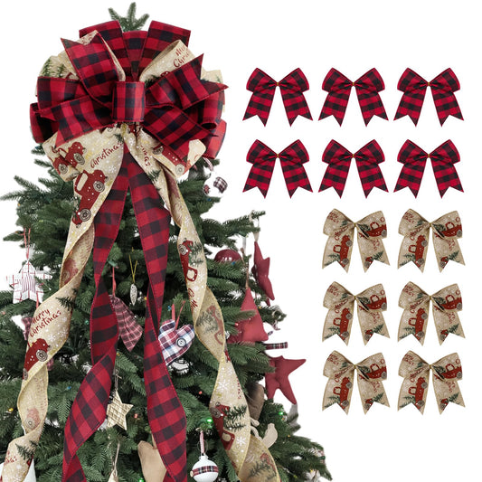 Utehilly 1 Large Christmas Tree Topper Bows and 12Pcs Small Wreath Bows Set Red Black Buffalo Plaid Tree Truck Bows for Christmas, Holiday Party, Indoor/Outdoor Home Decor, 47"x13"