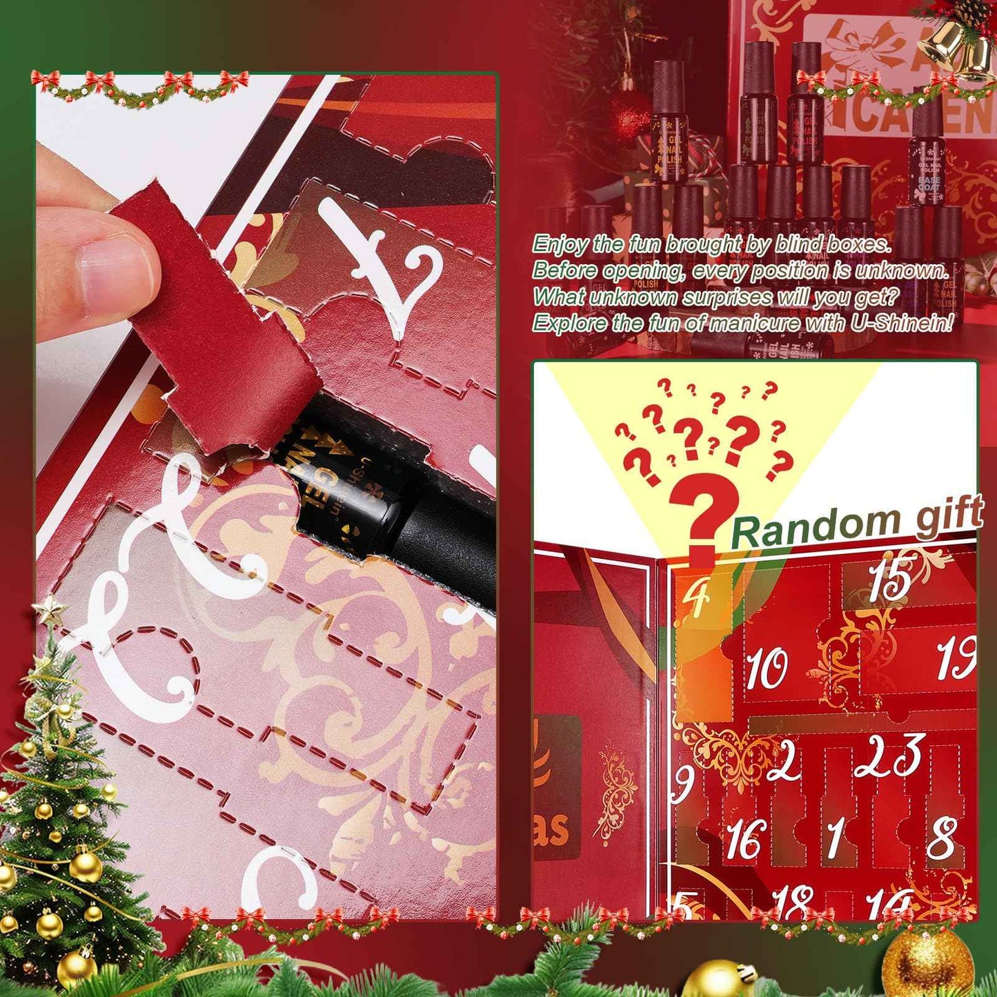 U-Shinein Nail Polish Advent Calendar 2025，24-Piece Nail Varnish Advent Calendar Christmas Calendar for Women and Girls, Nail Polish Colours Kit, Nail Art Tool Glitter Decorations Care and Accessories