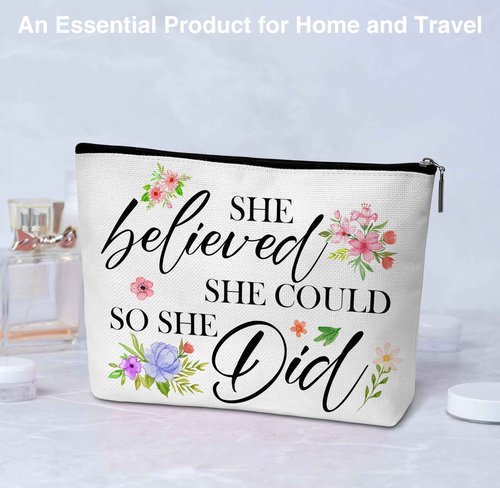 Beshoul Floral Cosmetic Bag, Inspirational Gifts for Women Friends, She Believed She Could So She Did Flower Makeup Bag, Tween Party Favors -A08