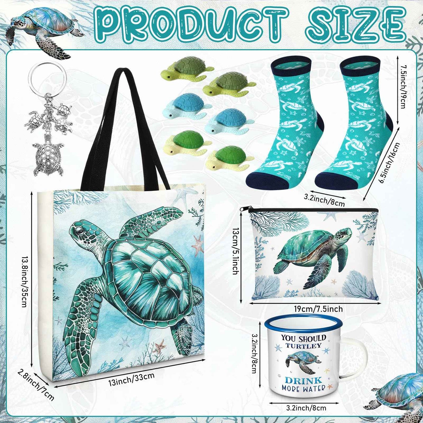 Yeyeplum Sea Turtle Lover Gifts for Women Birthday Gifts Baskets Set Include Canvas Tote Bag, Makeup Bag, Socks, Keychain, Enamel Mug, Small Figurines for Mom, Wife, Sister, Friend