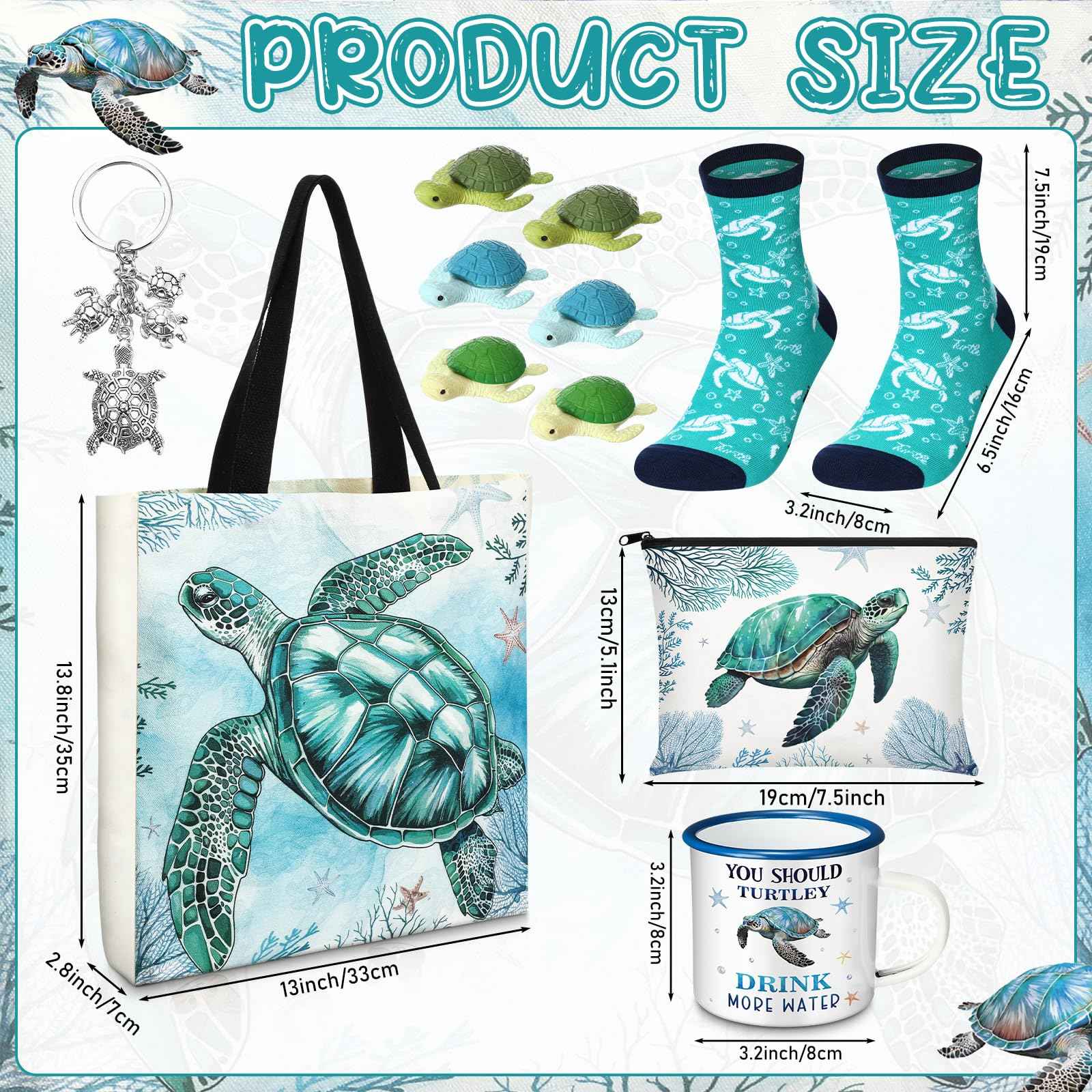 Yeyeplum Sea Turtle Lover Gifts for Women Birthday Gifts Baskets Set Include Canvas Tote Bag, Makeup Bag, Socks, Keychain, Enamel Mug, Small Figurines for Mom, Wife, Sister, Friend