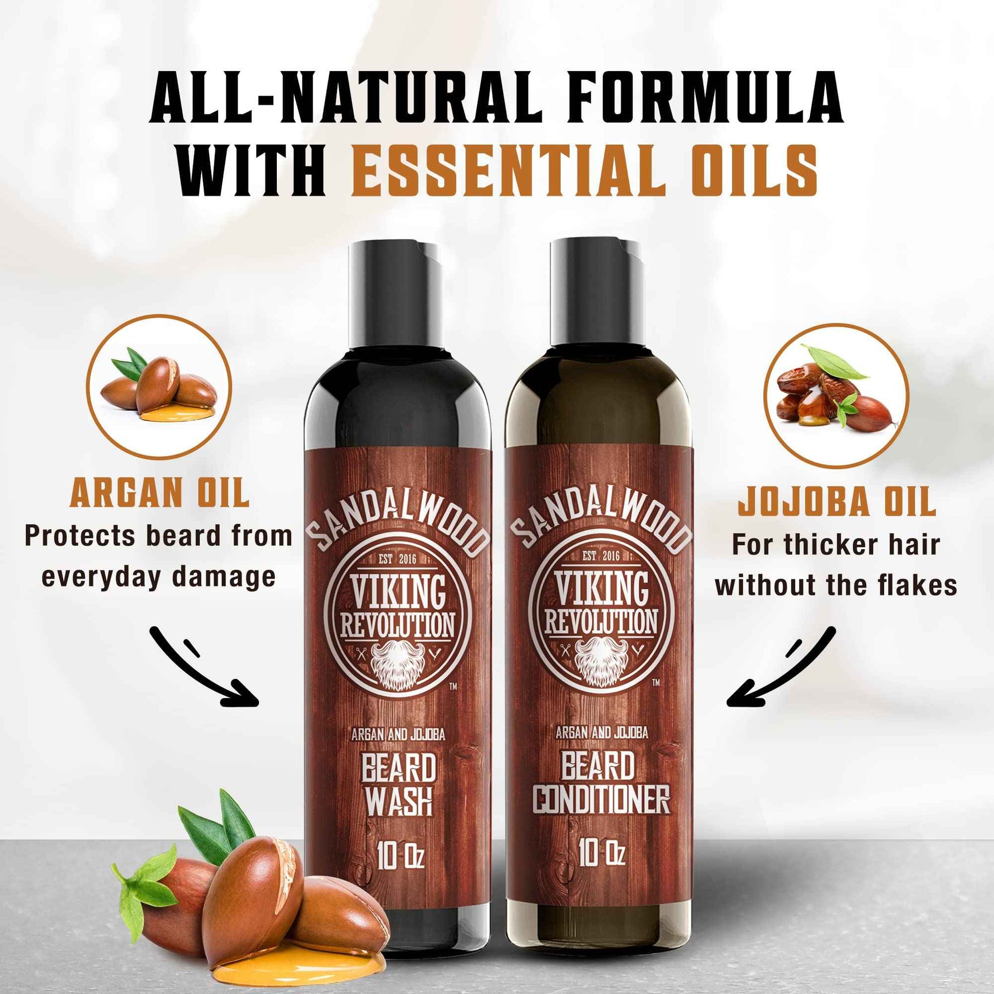 Beard Wash & Beard Conditioner Set w/Argan & Jojoba Oils - Softens & Strengthens - Natural Sandalwood Scent - Beard Shampoo w/Beard Oil (10oz)