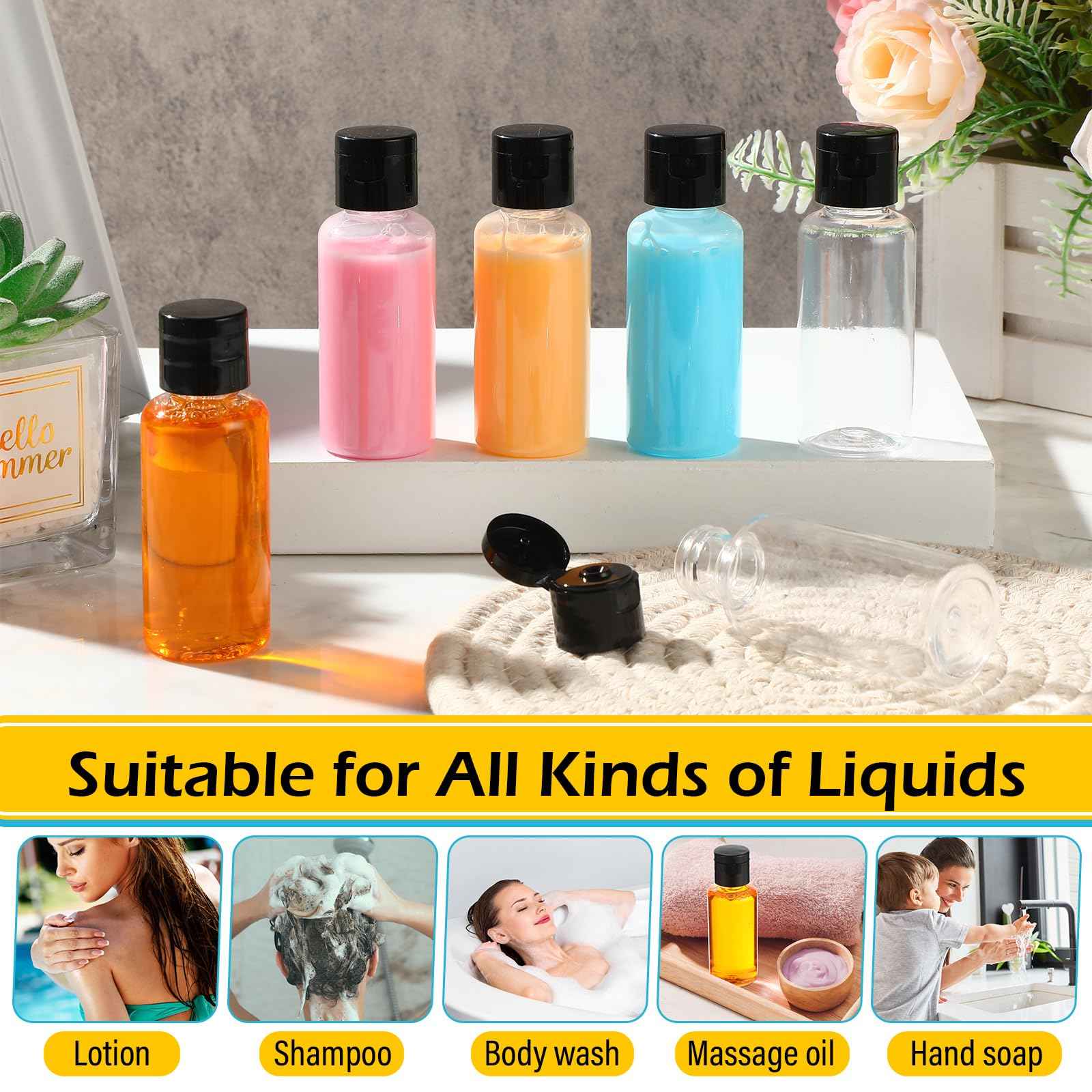 Mimorou 150 Pcs 1oz Travel Bottles Bulk for Toiletries Clear Small Travel Size Bottles Bulk Refillable Empty Containers for Shampoo Lotion Liquid Body Soap Cream Toiletries(Black Cap)