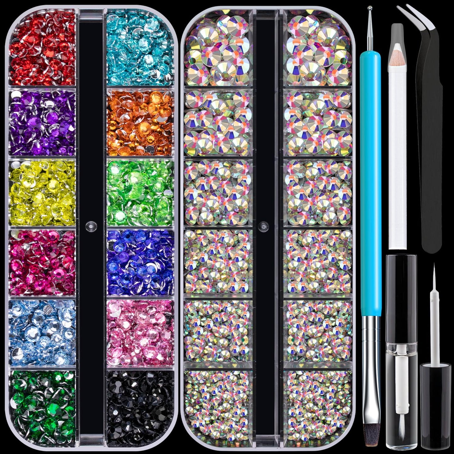 Colorful Face Gems Kit with Makeup Glue, 2.4-6mm AB Glass Round Flatback Crystal + 2-5mm Gorgeous Resin Rhinestones for Eye Hair Makeup Body Art Manicure DIY Crafts with Dot-Brush Pen, Pickup Tools