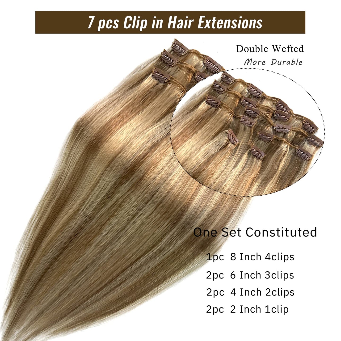 Hair Extensions Real Human Hair Clip ins, Remy Human Hair Clip in Extensions 7 Pieces 70G Golden Blonde to Light Blonde Highlights Double Wefts Clip in Hair Extensions for Fine Hair Women 16 Inch