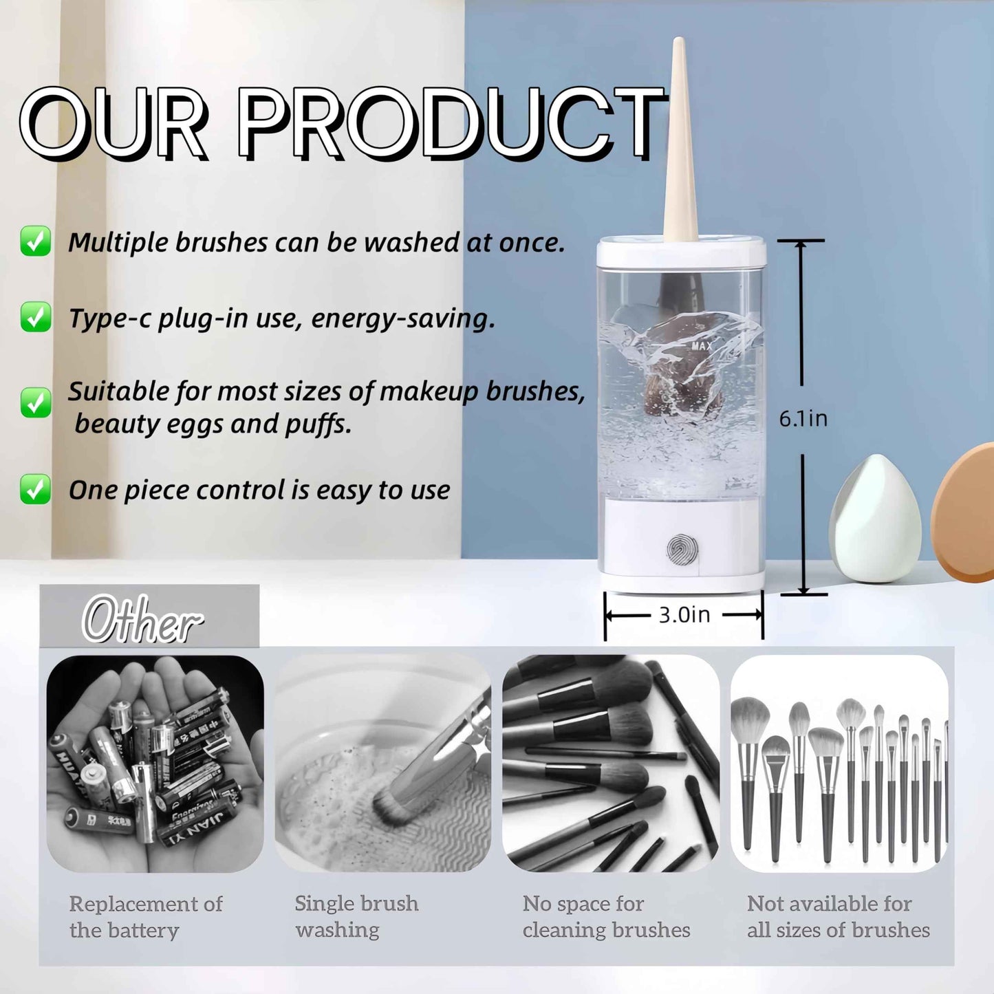 Electric Makeup Brush Cleaner and Dryer Machine with UV-C Light, 3-in-1 Automatic Brush Cleaning System for Deep Clean & Fast Drying, Quiet Design for Beauty Enthusiasts, Gift Giving, Home/Salon Use