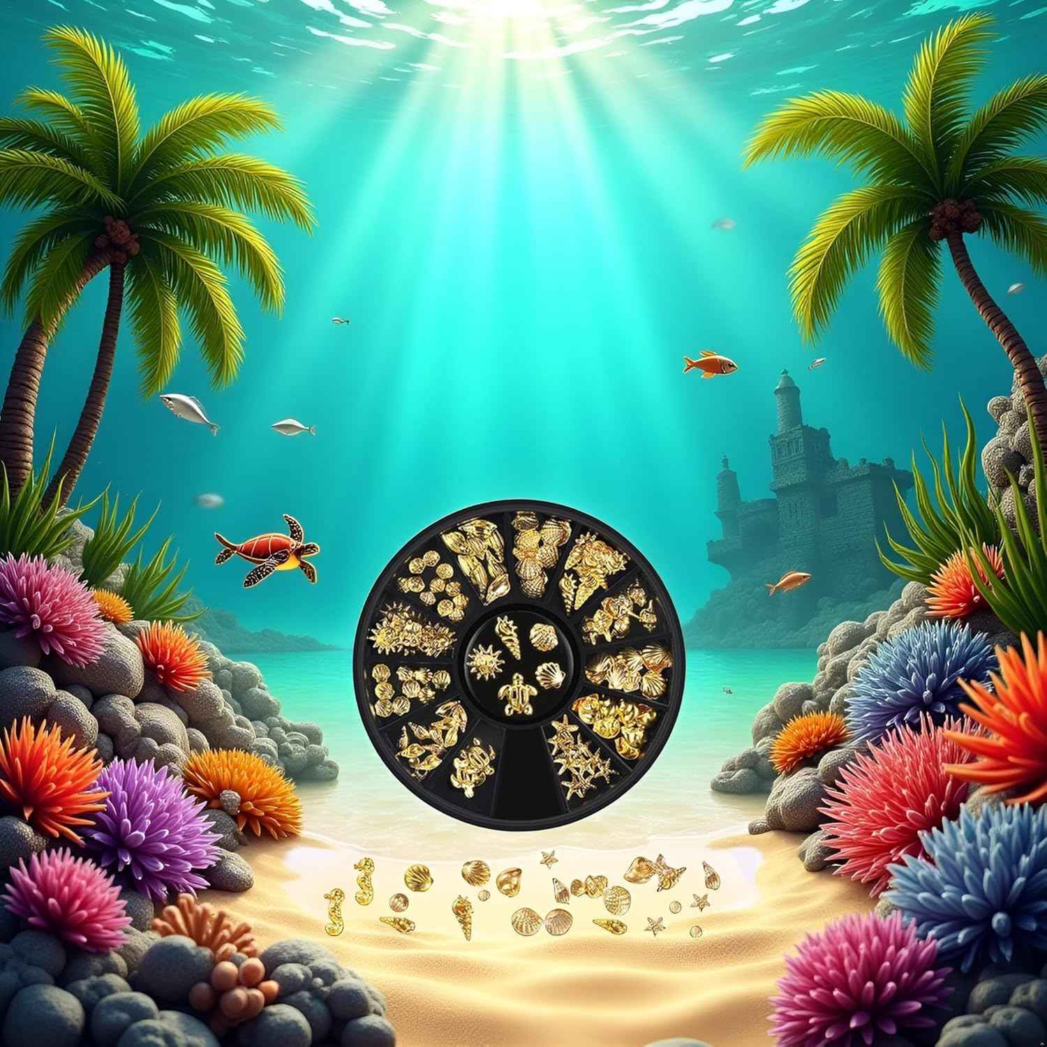 12 Styles Golds Nail Art Metal Studs Metallic 3D Pieces Rivet Palm Tree Turtles Marine Life Charms for Summer Beach Manicure DIY Acrylic Nails Design Supply Nail Art and Polish (Gold Ocean Studs)