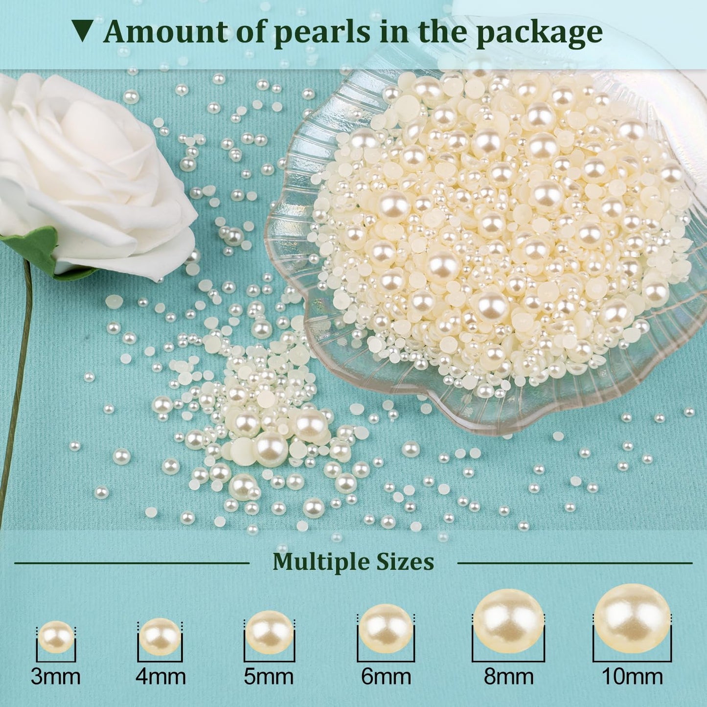 3 Boxes Flat Back Pearls Kit 2 Flatback Beige Half Round Pearls 3-10mm with Pickup Pencil and Tweezer for Home DIY and Professional Nail Art, Face Makeup and Craft