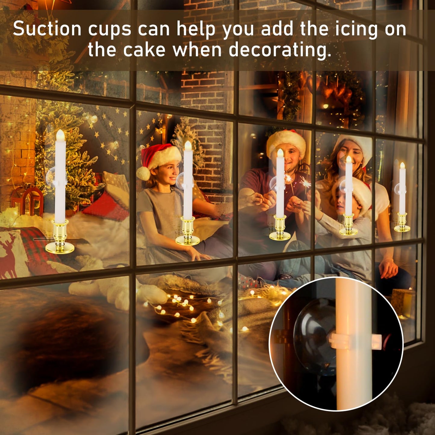 Qmioti 8 Pack Christmas Window Candles, Battery Operated Window Candles with Timer Remote, LED Window Candles with Candle Holders Suction Cups, Flickering Candles for Christmas Decorations, Gold