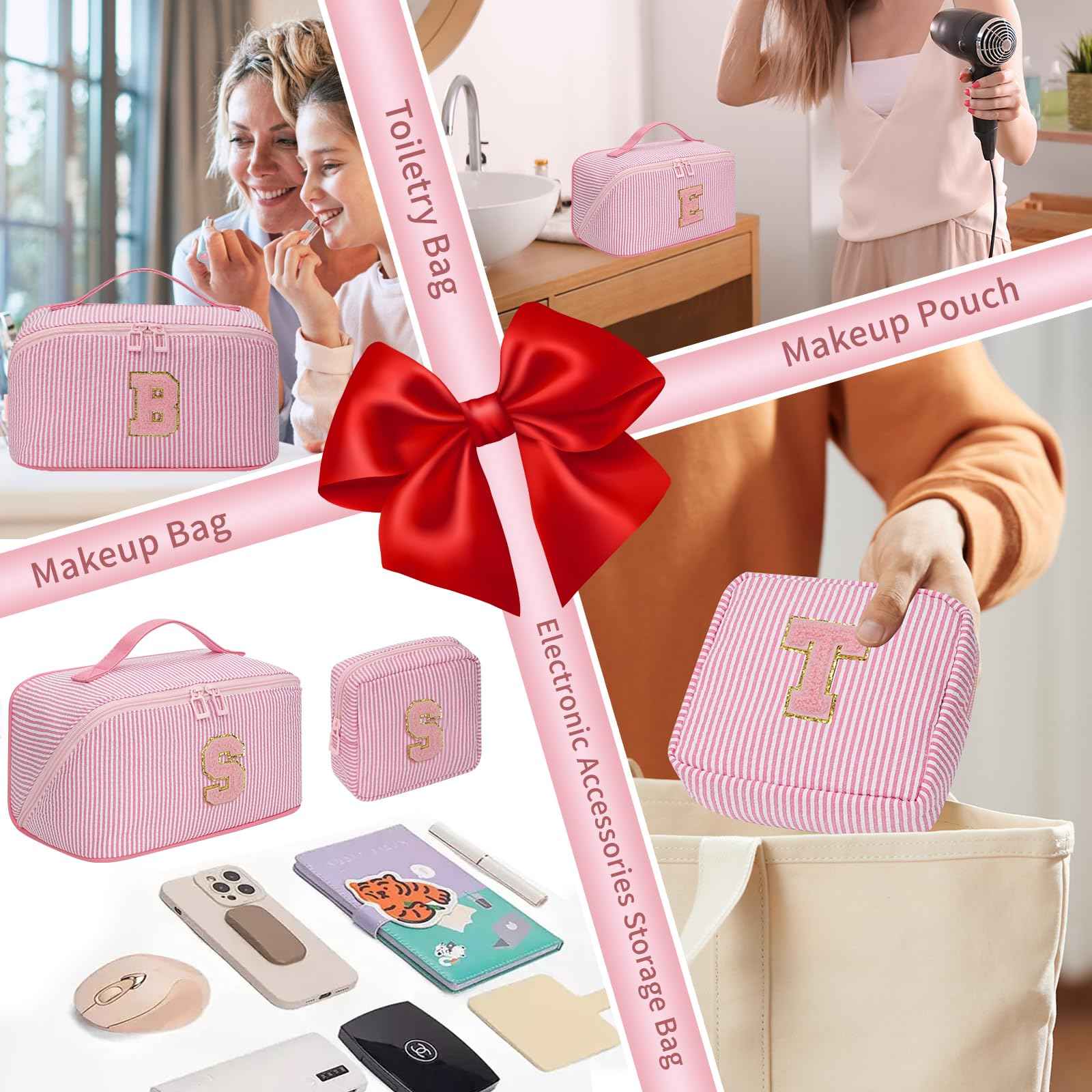 Travel Makeup Bag for Women, 2Pcs Portable Personalized Initial Makeup Organizer Bag, Open Flat Large Cosmetic Bag With Travel Essential Pouch (Pink Letter M)