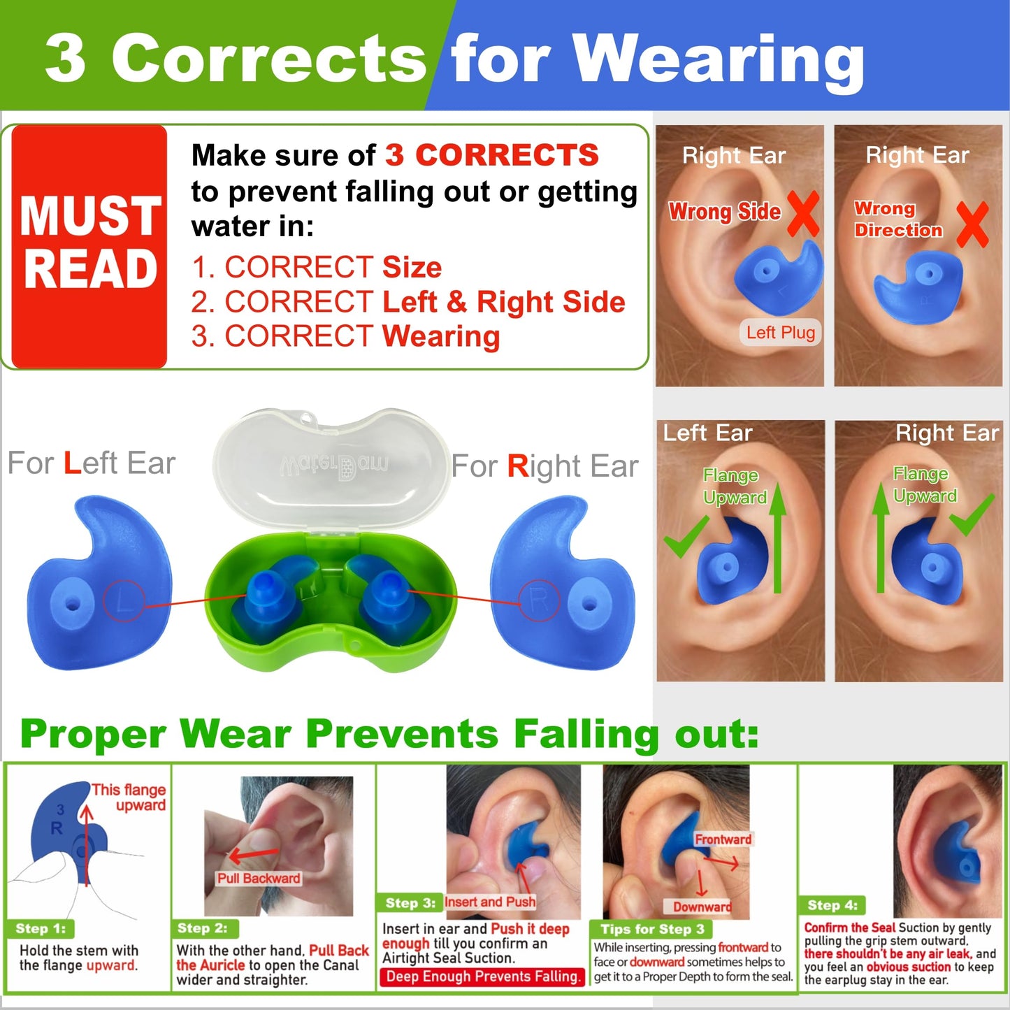 WaterDam A-Series Swimming Ear Plugs Ultra Comfy Great Waterproof Earplugs (Mixed Sizes, Size 2A+3A: Medium-Large Ear Women&Teens & Small-Medium Ear Men (Green Blue))