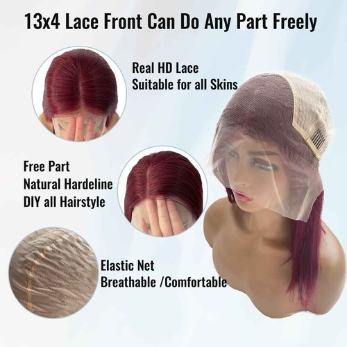 99J Burgundy Lace Front Wigs Human Hair Reddish Brown 13x4 Short Straight Bob Wig 180% Density HD Pre Plucked Glueless Lace Front Human Hair Wine Red bob wig Bleached Knots Natural Hairline 10Inch