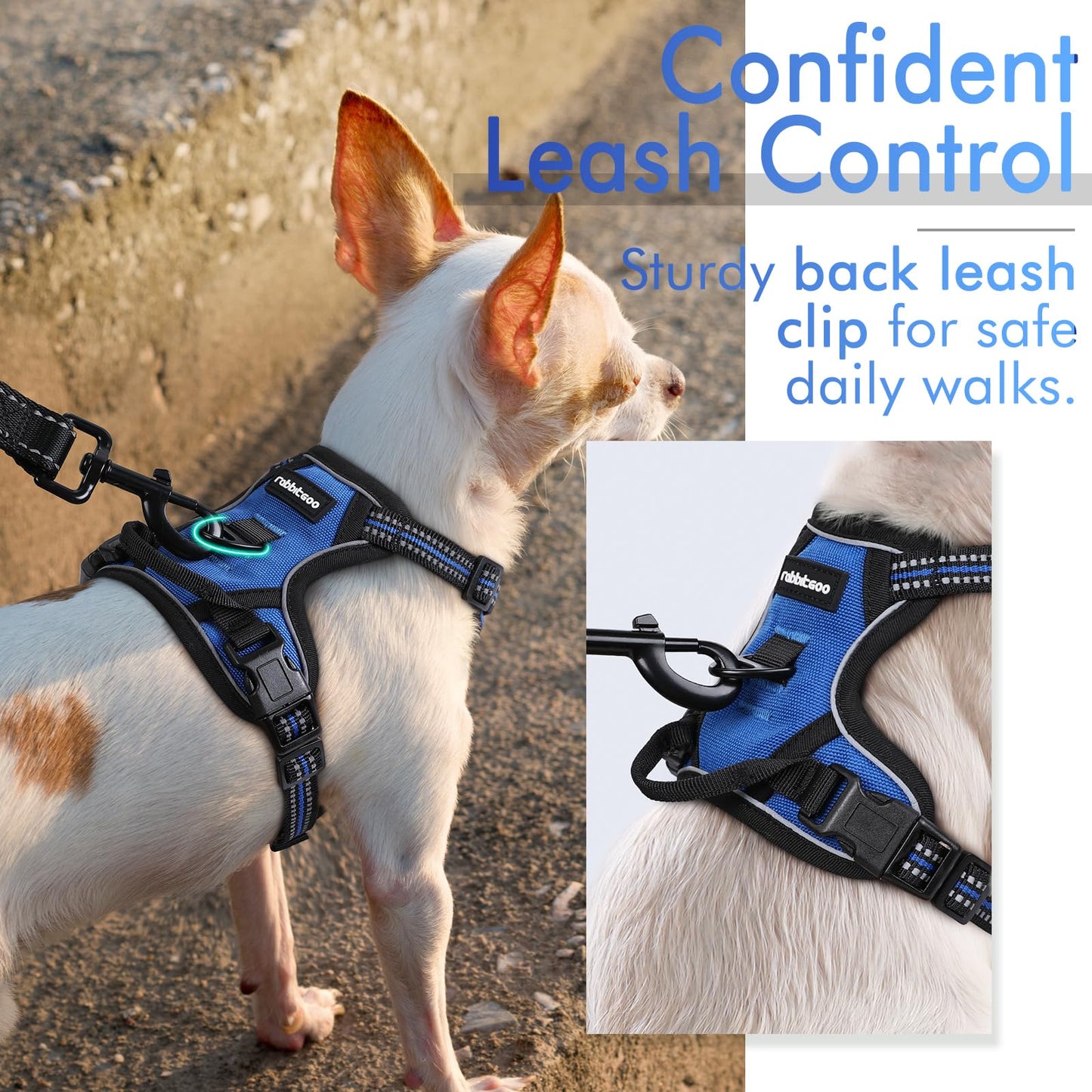 rabbitgoo Dog Harness, No-Pull Pet Harness with 2 Leash Clips, Adjustable Soft Padded Dog Vest, Reflective No-Choke Pet Oxford Vest with Easy Control Handle for Small Dogs, Dazzling Blue,XS