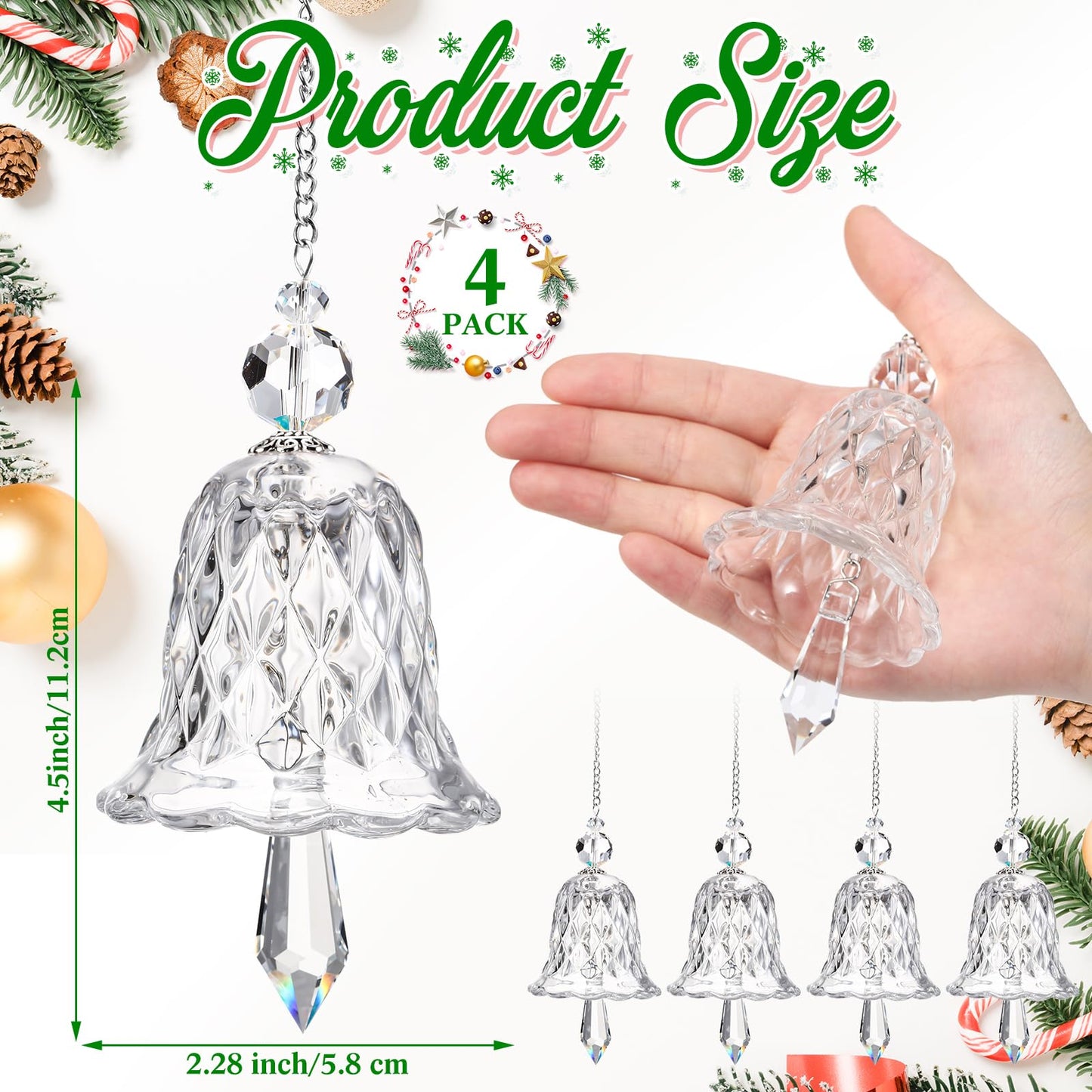 Maxcheck 4 Packs Christmas Bell Ornaments Glittering Christmas Ornaments Christmas Tree Crystal Glass Bell Charms Gifts for Christmas Xmas Tree Window Room Wedding Decoration(Clear)